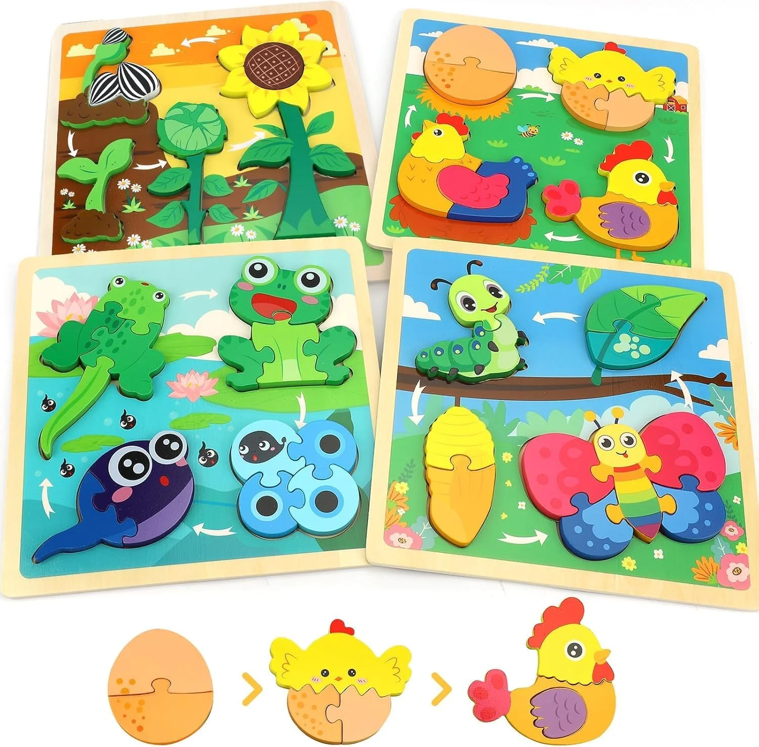 پازل های چوبی برای کودکان نوپا 2-4 سال، بازی های اره منبت کاری اره مویی چرخه زندگی حیوانات، اسباب بازی های آموزشی برای کودکان، پازل کودک برای فعالیت های سرگرم کننده، 4 بسته