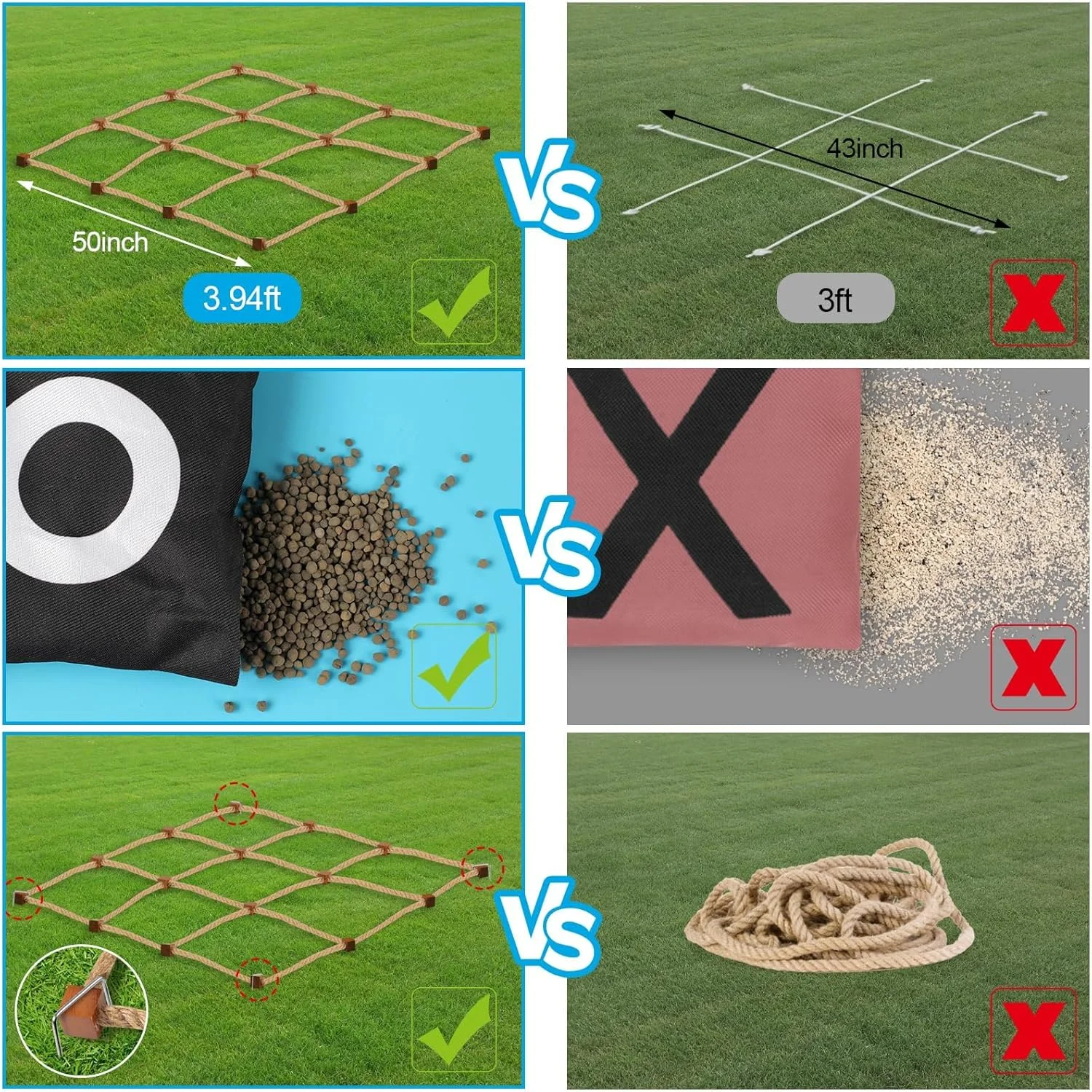 بازی بزرگ تیک تاک تو فضای باز، 120 در 120 سانتی متر، بازی پرتاب کیسه لوبیا تیک تاک تو قابل حمل با 10 کیسه لوبیا با کیفیت و کیف نگهداری، نصب فوری، بدون نیاز به مونتاژ، تیک تاک توس بزرگ برای حیاط، چمن، حیاط خلوت