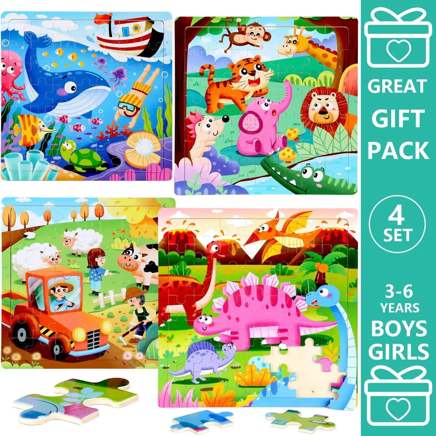 پازل های چوبی برای کودکان 2-4 ساله، پازل های اره مویی برای کودکان نوپا 3-5 ساله - حیوانات، دایناسورها، اقیانوس، مزرعه، بازی های آموزشی و اسباب بازی های مسافرتی برای پسران و دختران 4-8 ساله