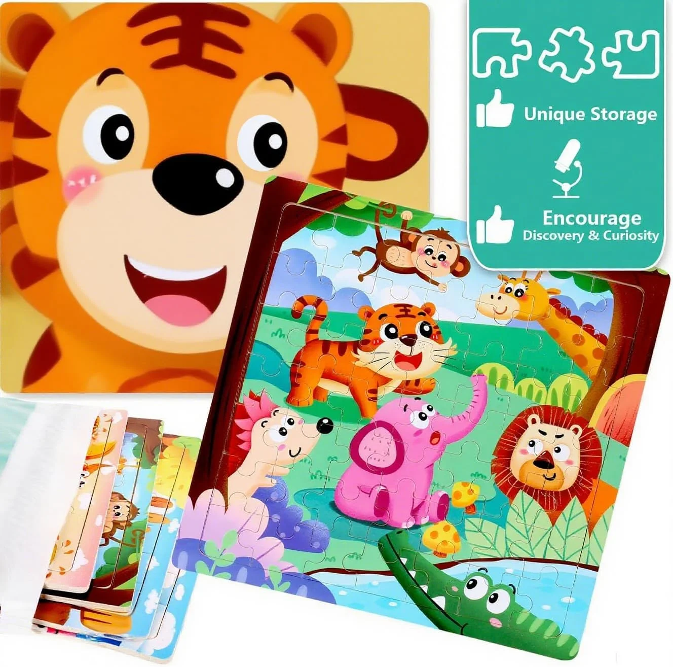پازل های چوبی برای کودکان 4-6 سال، پازل های آموزشی اره منبت کاری در جعبه فلزی، پازل 60 تکه ای دایناسور، توسعه شناختی و اسباب بازی های یادگیری STEM برای پسران و دختران