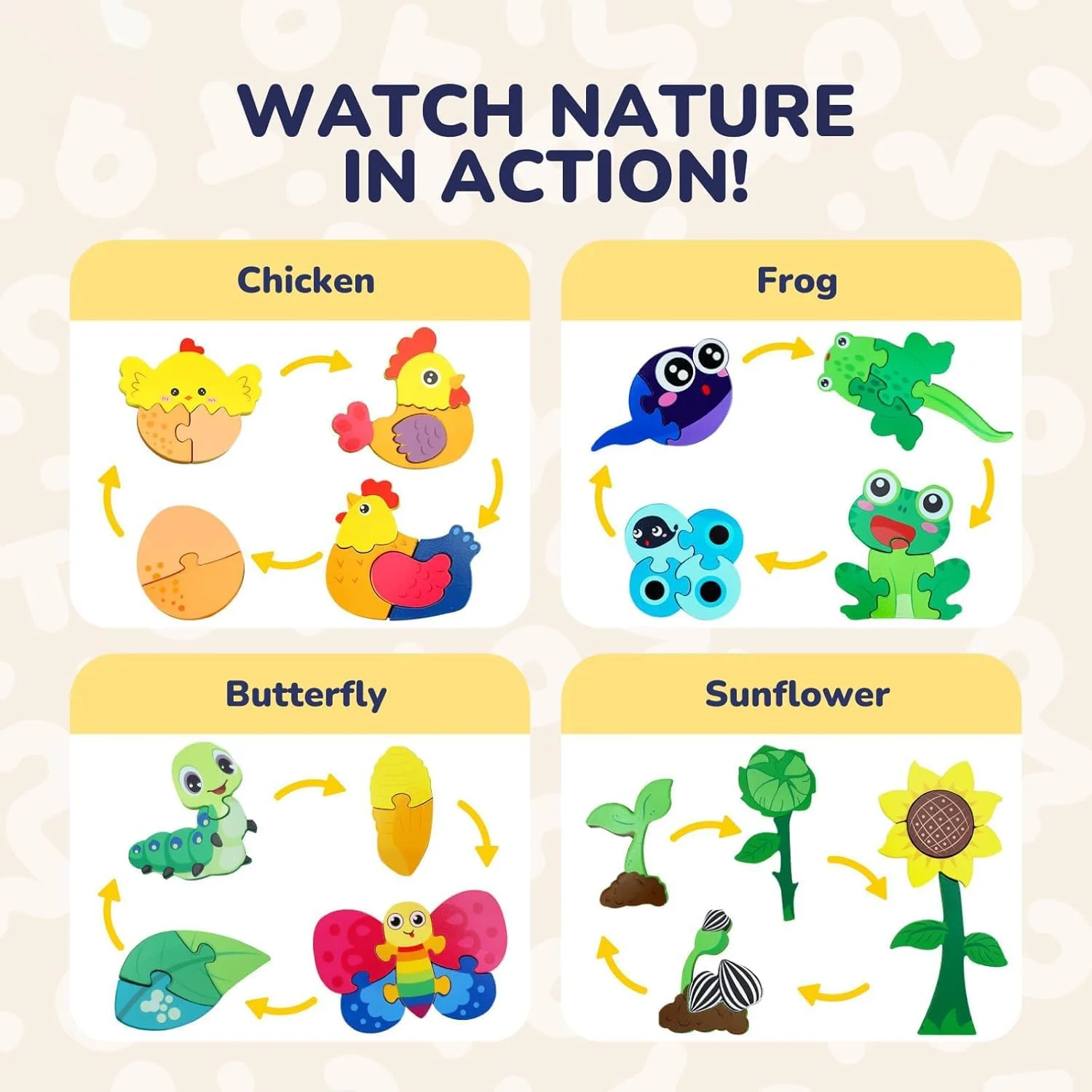 پازل های چوبی برای کودکان نوپا 2-4 سال، بازی های اره منبت کاری اره مویی چرخه زندگی حیوانات، اسباب بازی های آموزشی برای کودکان، پازل کودک برای فعالیت های سرگرم کننده، 4 بسته