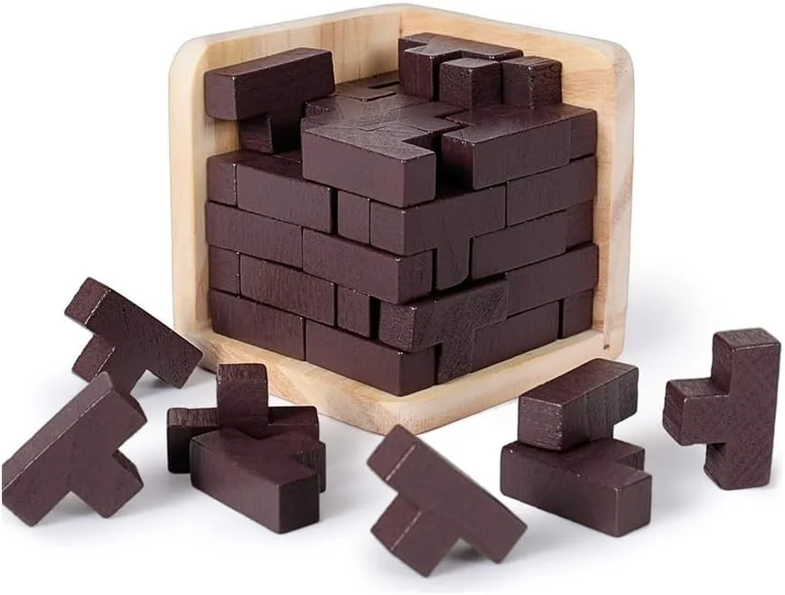 پازل فکری سه بعدی چوبی AMERTEER، پازل اره منبت کاری شده منطقی T شکل، اسباب بازی آموزشی برای کودکان و بزرگسالان، جعبه پازل استریوسکوپی، مکعب چوبی، اسباب بازی های رومیزی لذت بخش، بازی های چالش برانگیز تقویت کننده مغز بزرگسالان