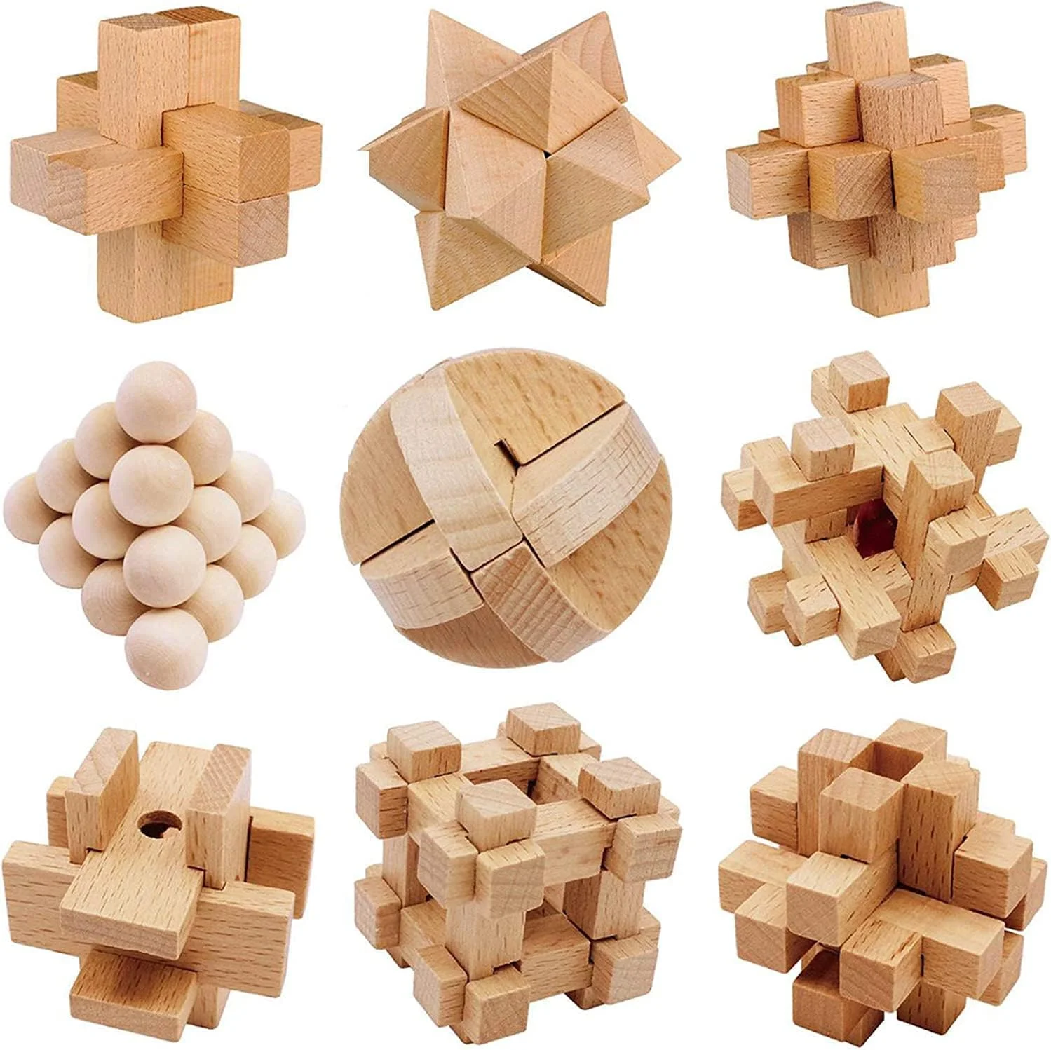 پازل فکری سیوسی برای بزرگسالان و کودکان، بازی های فکری چوبی سه بعدی، پازل منطقی درهم قفل شونده، اسباب بازی تست هوش برای مهمانی و دفتر کار، اسباب بازی های رومیزی آموزشی منطقی (9 تکه)