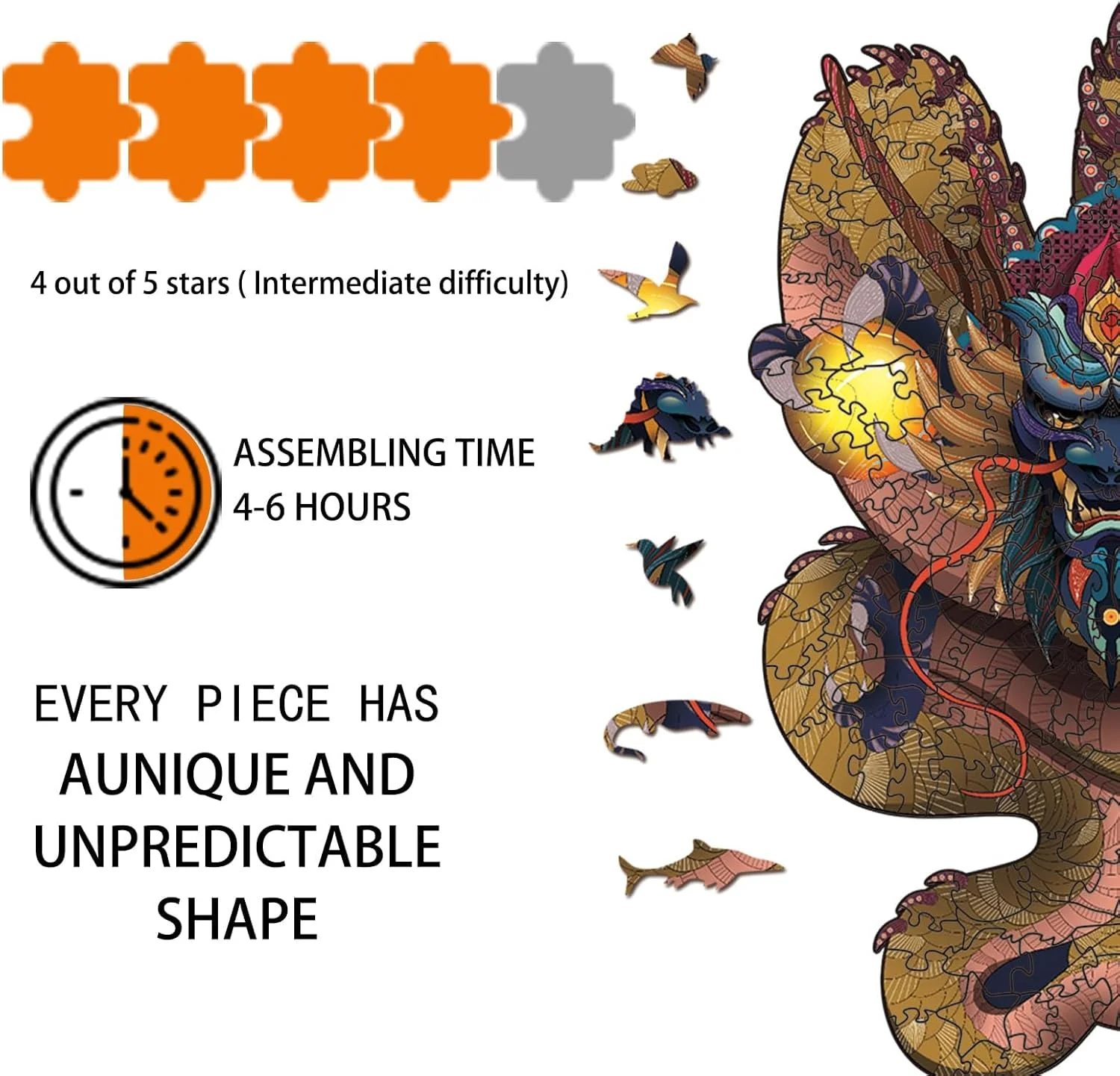 پازل چوبی اره‌ای، پازل چوبی اره‌ای 300 تکه طرح اژدها برای بزرگسالان، پازل چالش‌برانگیز مناسب برای شب‌های بازی - 16 * 9.6 اینچ (اژدها)