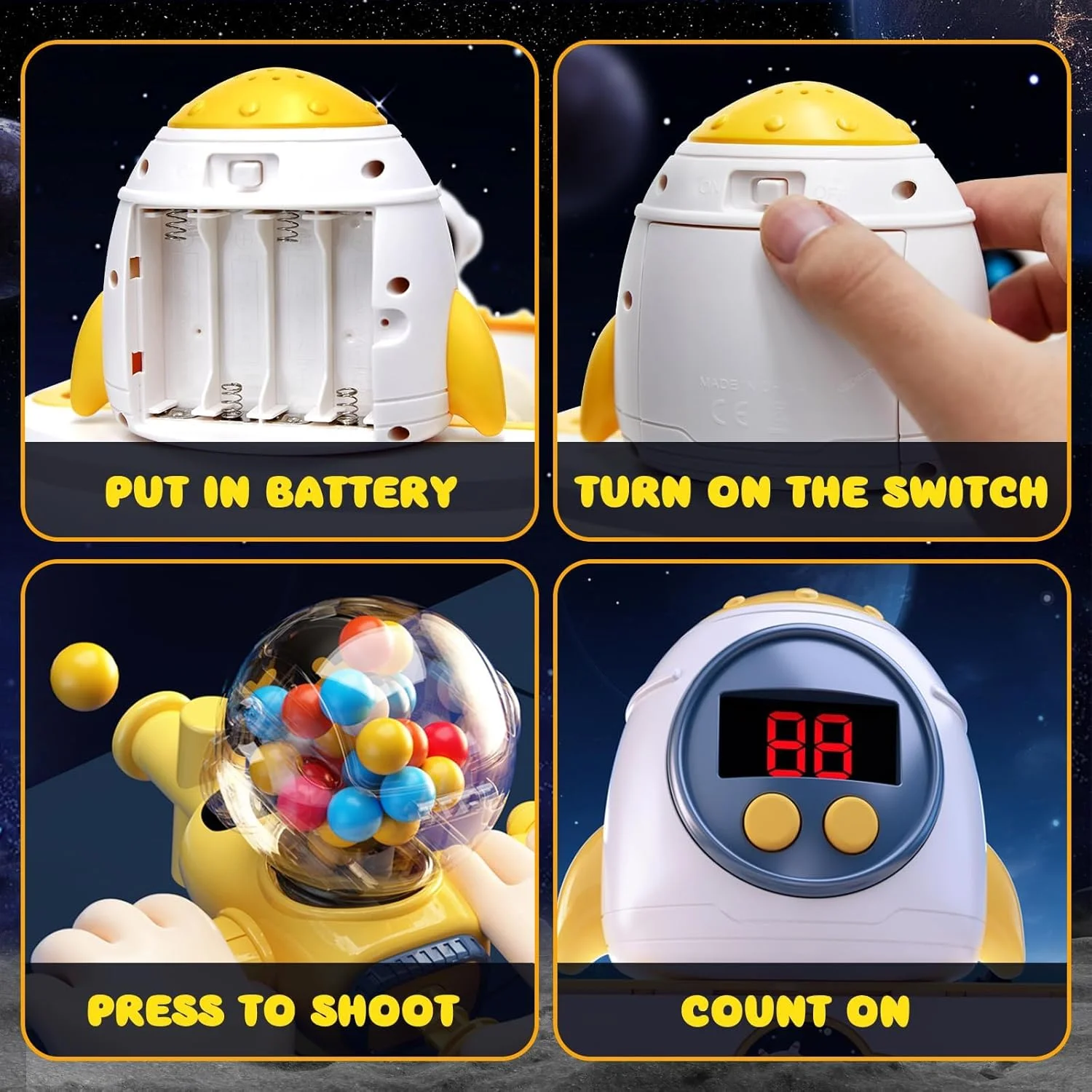 بازی تیراندازی قلعه فضایی کوچک با صفحه امتیاز LED دیجیتال، دستگاه تیراندازی پین بال دستی با نور و موسیقی، اسباب بازی های کریسمس هدیه تولد برای پسران و دختران (موشک)