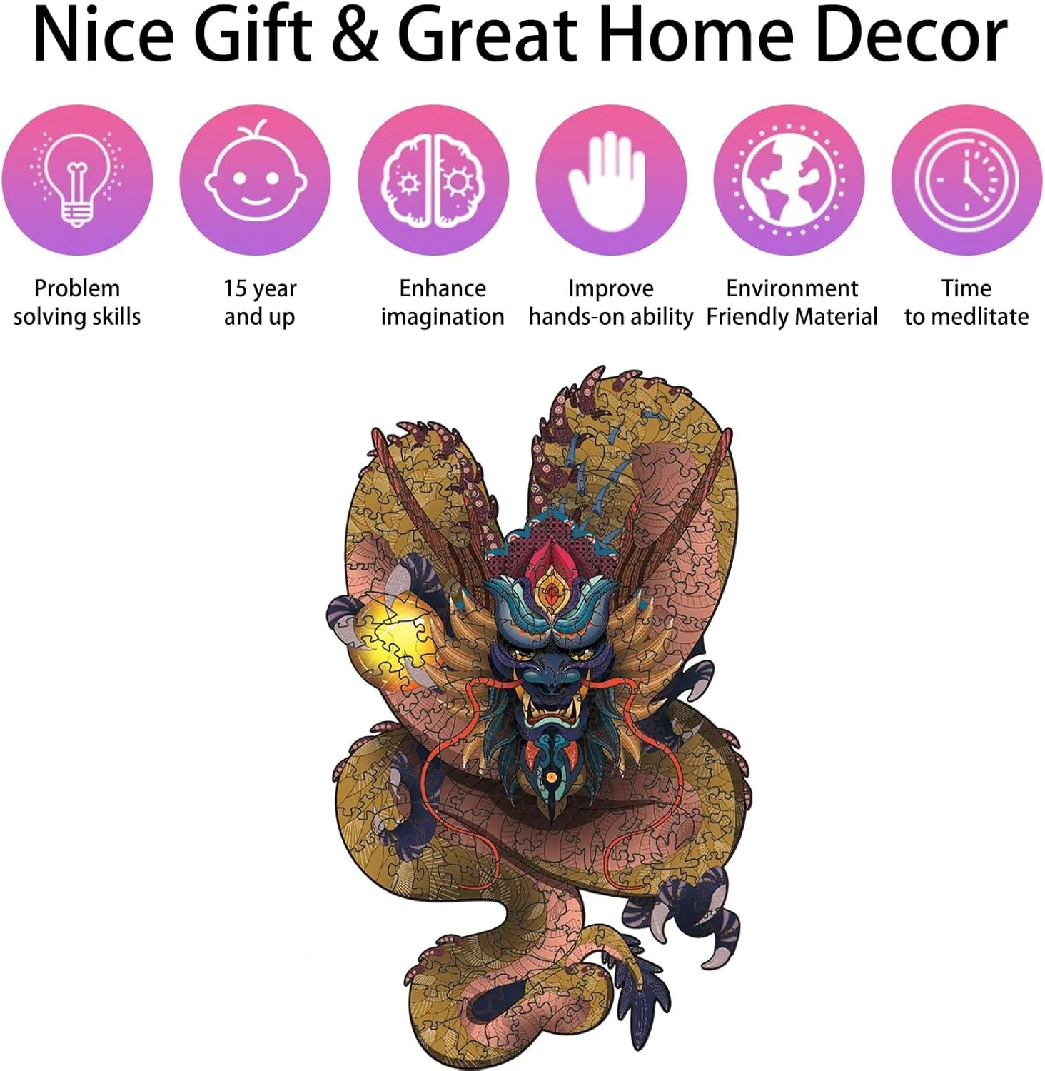 پازل چوبی اره‌ای، پازل چوبی اره‌ای 300 تکه طرح اژدها برای بزرگسالان، پازل چالش‌برانگیز مناسب برای شب‌های بازی - 16 * 9.6 اینچ (اژدها)