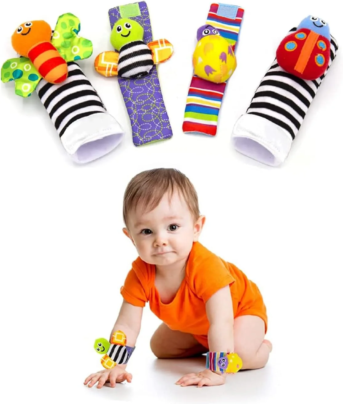 اسباب بازی جغجغه کودک SKY-TOUCH، 4 تکه، مناسب نوزادان و تقویت مهارت های حرکتی، جوراب اسباب بازی کودکانه برای پسران و دختران 0، 3، 6، 12 ماهه