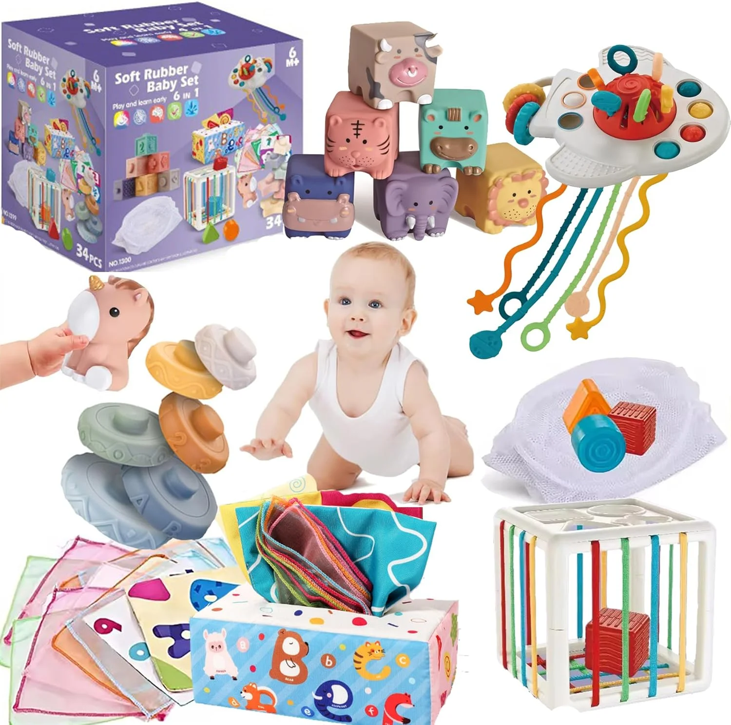 مجموعه اسباب بازی های آموزشی مونته سوری 6 در 1 AM ANNA برای نوزادان 6 تا 12 ماهه - سطل های حسی مرتب سازی نوزاد برای کودکان نوپا 1-3 ساله، بلوک های چیدنی، اسباب بازی های دندانی سیلیکونی، اسباب بازی کشیدنی برای پسران و دختران - 34 قطعه