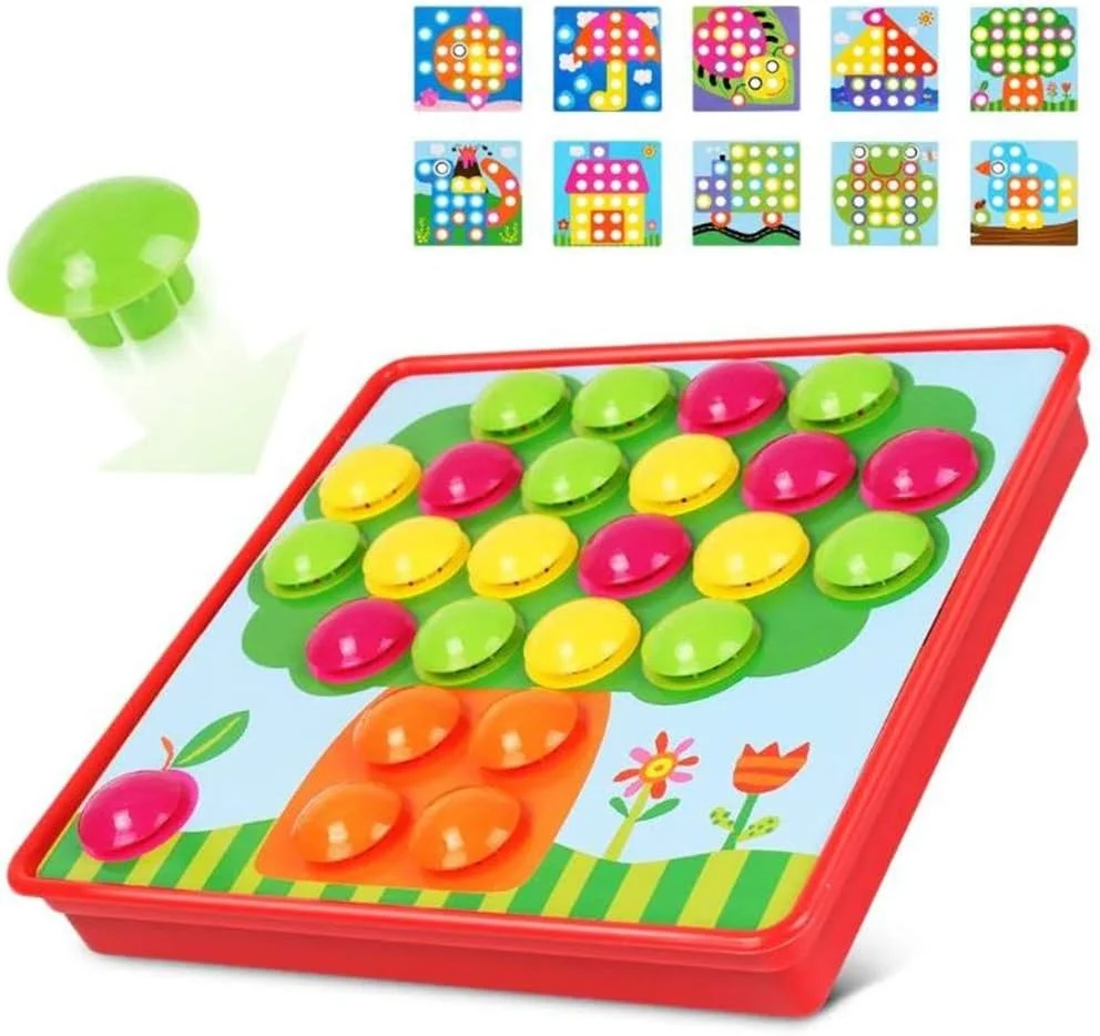 اسباب بازی دکمه ای قارچی AM ANNA، اسباب بازی هنری تطبیق رنگ، موزاییک آموزشی برای یادگیری اولیه، شامل 12 تصویر و 46 دکمه