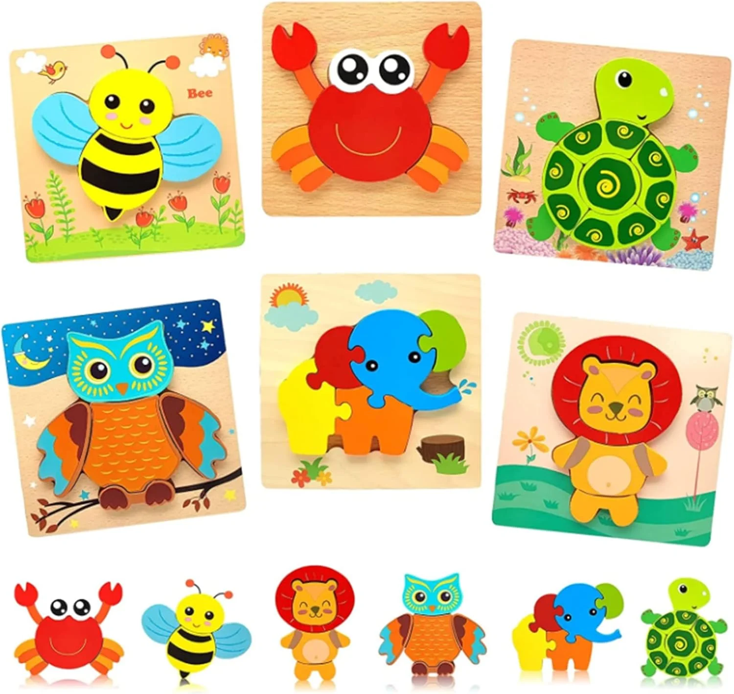 پازل های چوبی AM ANNA برای کودکان نوپا 1-3 ساله، اسباب بازی های مونته سوری کودک 12-18 ماهه، اسباب بازی های پازل حیوانات چوبی اسباب بازی های آموزشی پیش دبستانی - 6 بسته
