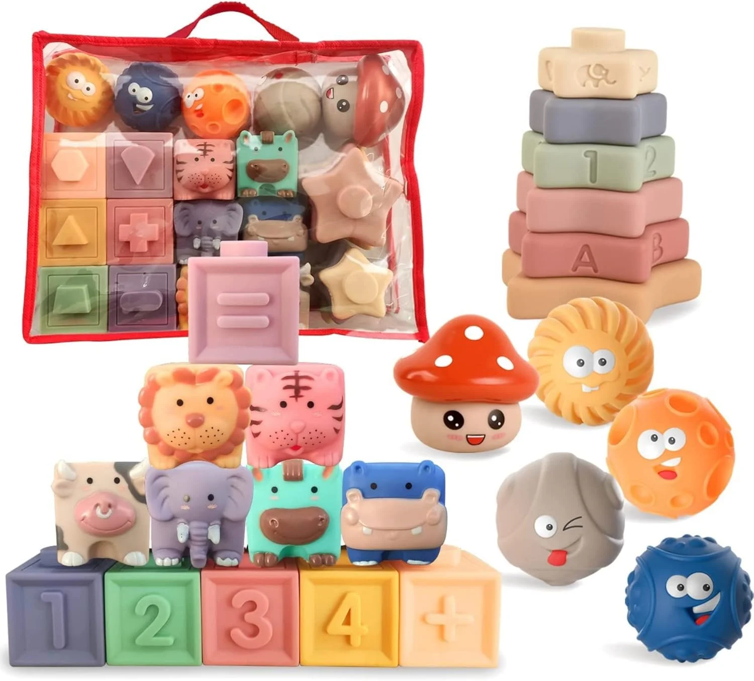 مجموعه 23 تکه اسباب بازی کودک AM ANNA، اسباب بازی های مونته سوری برای کودکان 6-12 ماهه، بلوک های ساختمانی چیدنی برای کودکان 1-3 ساله، اسباب بازی نرم برای نوزادان 0-6 ماهه، توپ حسی برای 0-3-6-9-12 ماهه