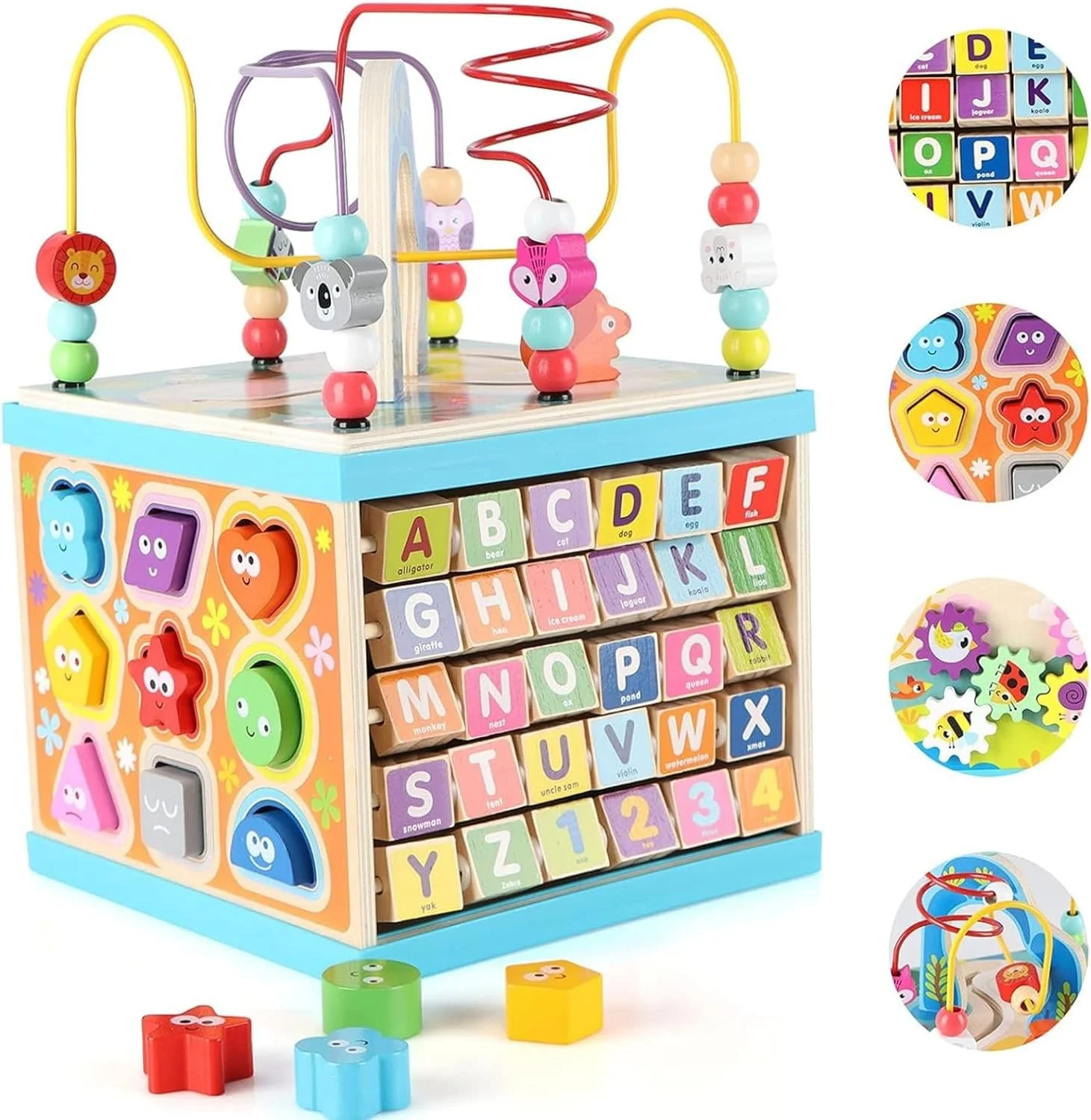 مکعب فعالیت چوبی AM ANNA برای کودکان نوپا 1-3 ساله، اسباب بازی های آموزشی اولیه مونته سوری 5 در 1 چند منظوره ABC 123 چرتکه، مارپیچ مهره، هدیه تولد برای پسران و دختران (5 در 1)