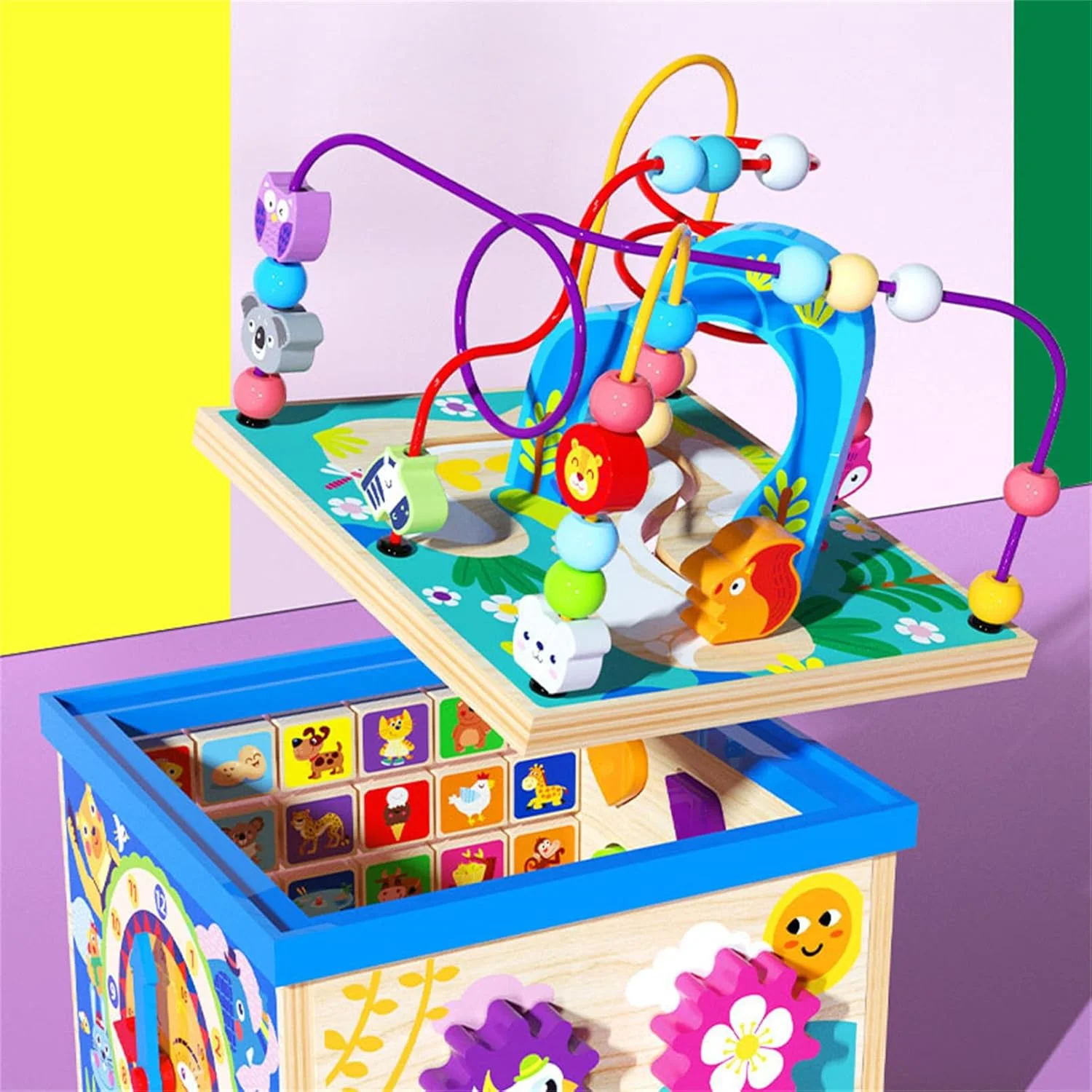 مکعب فعالیت چوبی AM ANNA برای کودکان نوپا 1-3 ساله، اسباب بازی های آموزشی اولیه مونته سوری 5 در 1 چند منظوره ABC 123 چرتکه، مارپیچ مهره، هدیه تولد برای پسران و دختران (5 در 1)