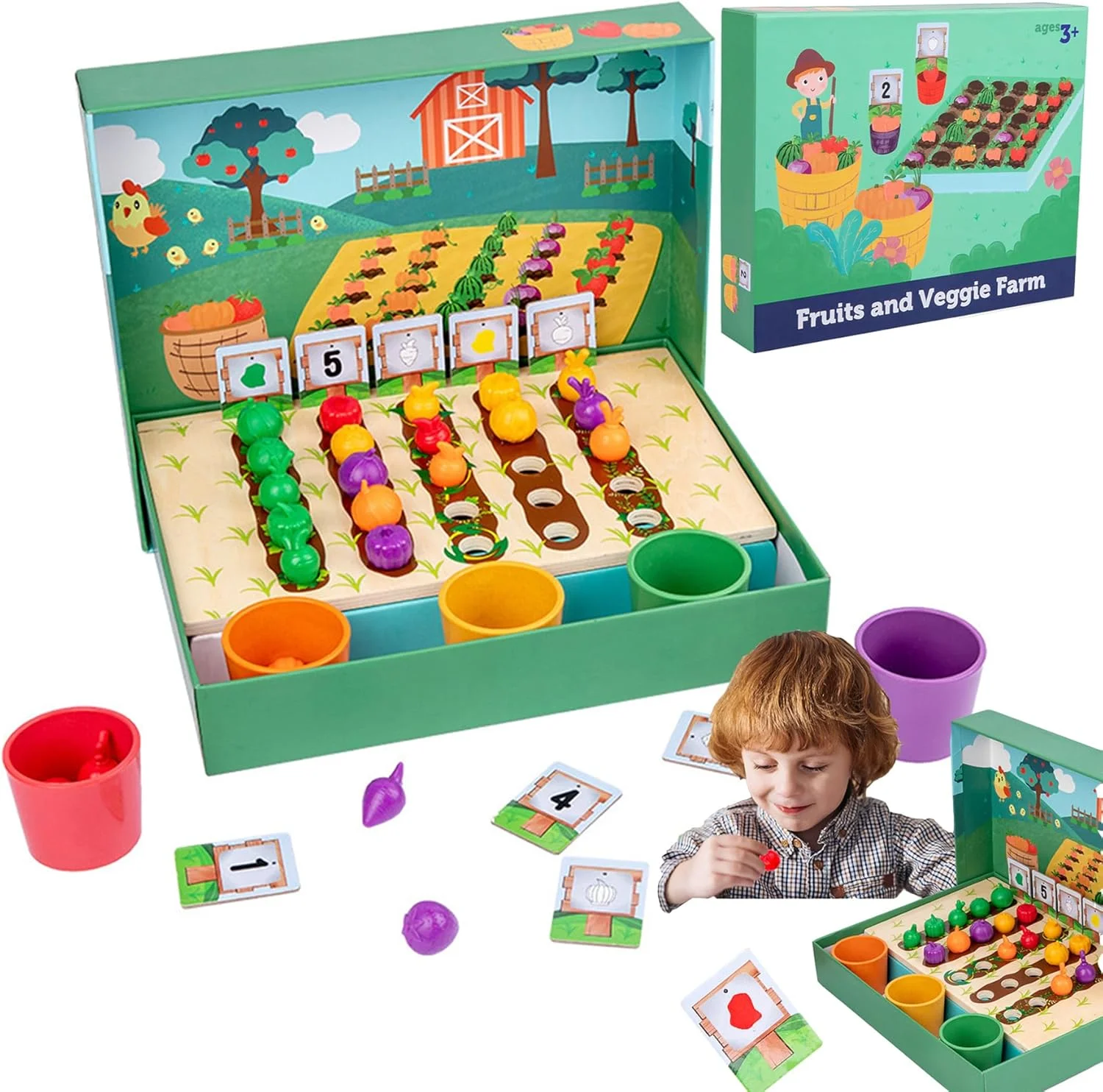 اسباب بازی مزرعه میوه و سبزیجات مونته سوری AM ANNA، مجموعه مرتب سازی رنگ بازار کشاورزان برای کودکان نوپا، اسباب بازی آموزشی پیش دبستانی برای کودکان 3 سال به بالا، هدیه مهارت های حرکتی ظریف برای پسران و دختران