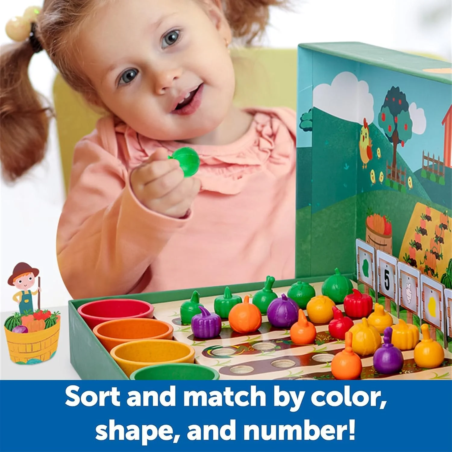 اسباب بازی مزرعه میوه و سبزیجات مونته سوری AM ANNA، مجموعه مرتب سازی رنگ بازار کشاورزان برای کودکان نوپا، اسباب بازی آموزشی پیش دبستانی برای کودکان 3 سال به بالا، هدیه مهارت های حرکتی ظریف برای پسران و دختران