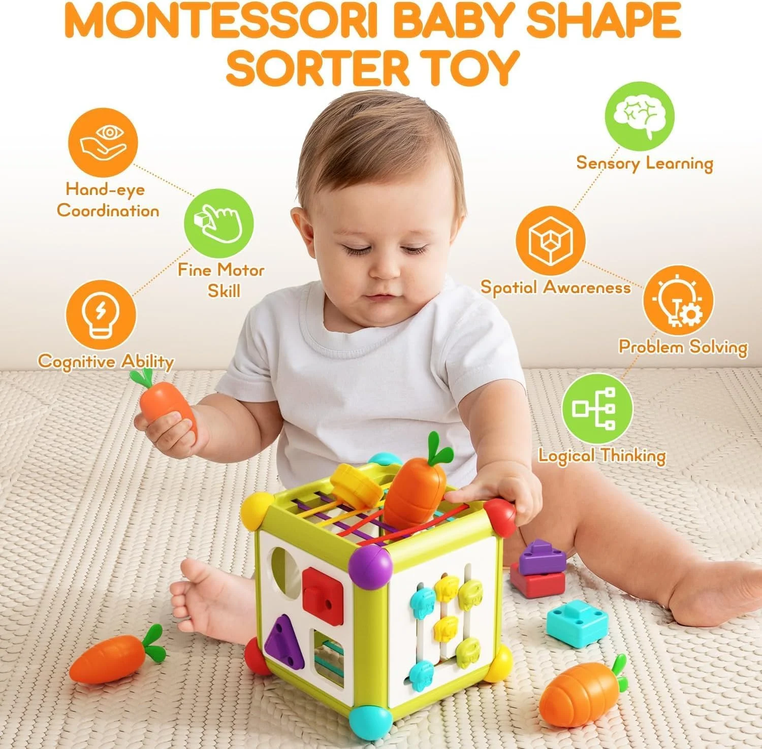 اسباب بازی مرتب سازی اشکال کودک اِی اِم اَنّا، مکعب فعالیت برای کودکان نوپا 1-3 ساله، بازی برداشت هویج مونته سوری، اسباب بازی های آموزشی چیدنی مرتب کننده اشکال کودک نوپا، اسباب بازی های آموزشی چند منظوره برای سنین 12 ماه به بالا