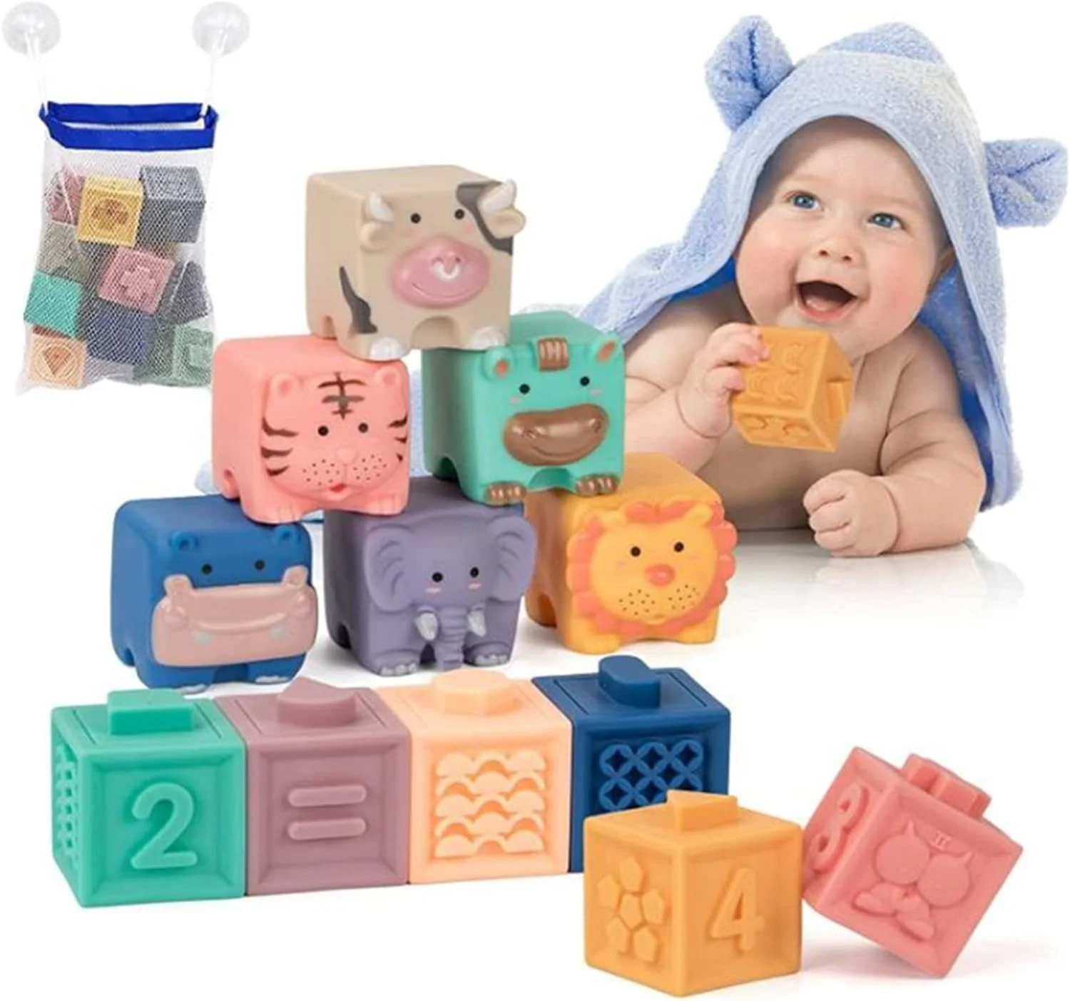 بلوک های اسباب بازی کودک AM ANNA، بلوک های نرم چیدنی، اسباب بازی آموزشی مونته سوری برای نوزادان، اسباب بازی جویدنی دندان گیر، اسباب بازی حسی فشاری، اسباب بازی حمام برای نوزاد دختر و پسر با کیف نگهداری مکنده