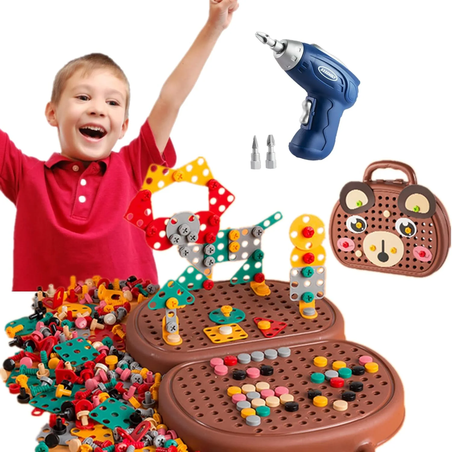 مجموعه اسباب بازی پیچ گوشتی کودکان AM ANNA، 204 قطعه اسباب بازی دریل کودکان، اسباب بازی های STEM برای پسران 4 ساله، بازی های ساختمانی مهندسی با دریل اسباب بازی و مجموعه ابزار پیچ گوشتی (خرس قهوه ای)