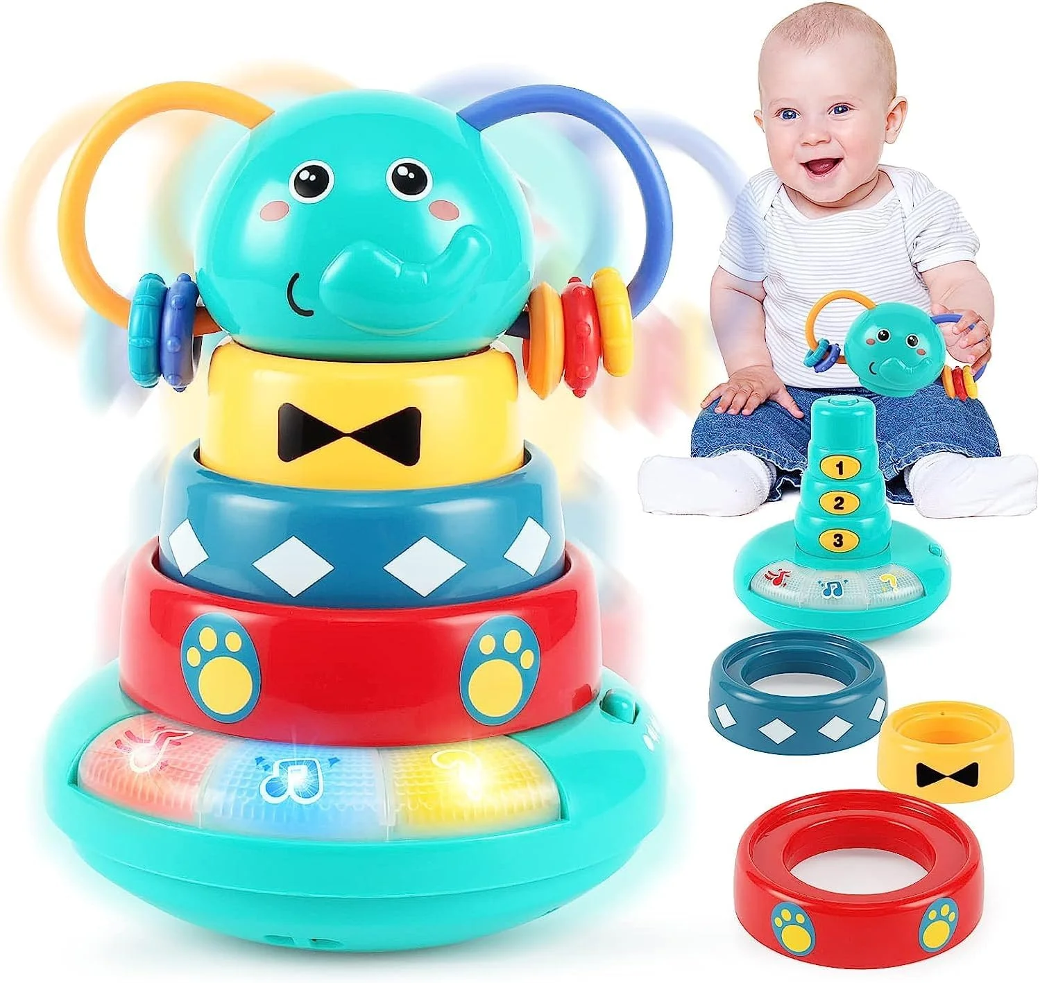 اسباب بازی های موزیکال AM ANNA برای نوزادان 6 تا 12 ماهه، فیل موزیکال تعاملی با حلقه های چیدنی، اسباب بازی حسی مونته سوری با اسباب بازی برج چیدنی آموزشی اولیه، هدیه تولد 1 سالگی