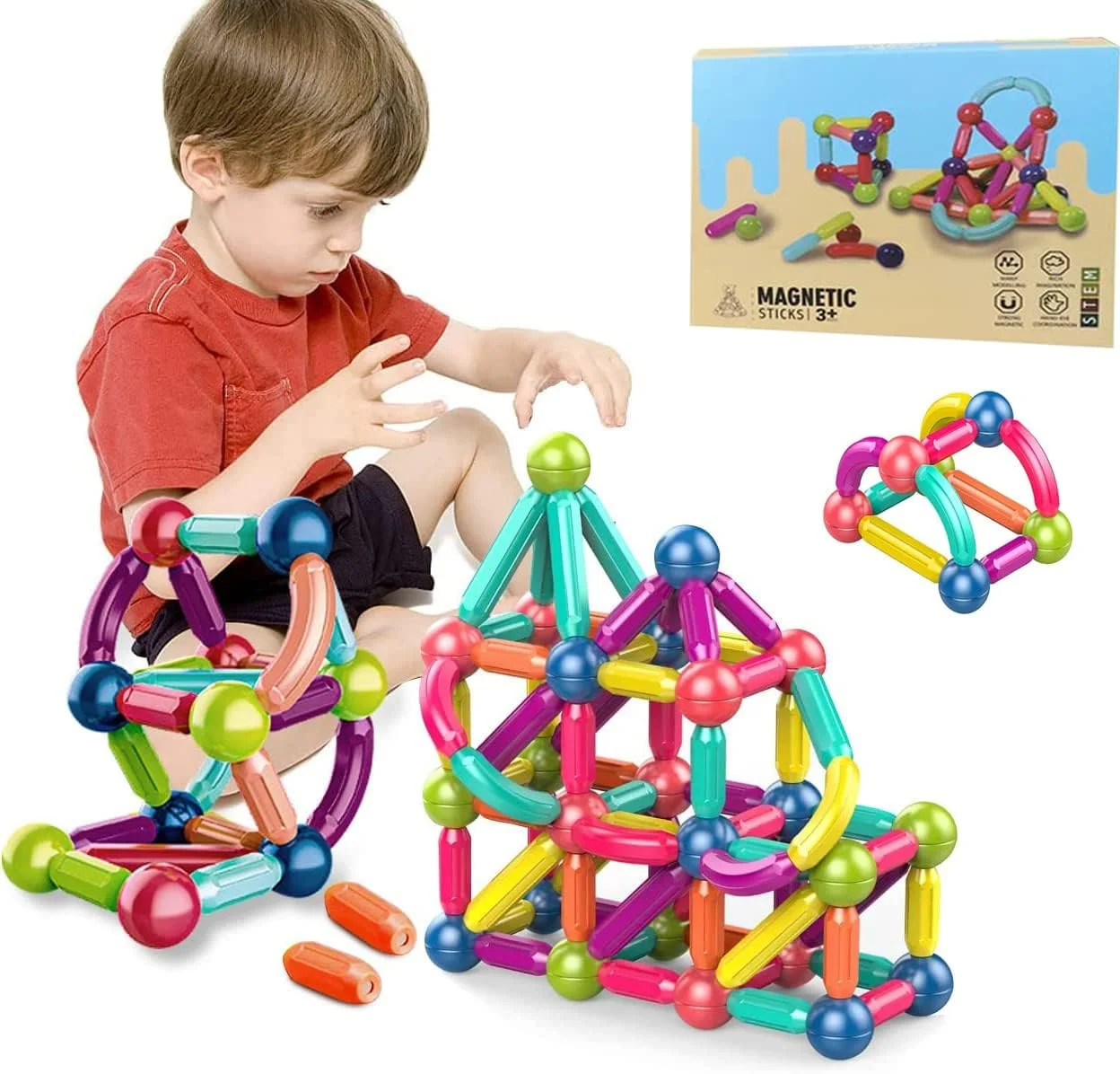 مجموعه اسباب بازی بلوک های ساختنی مغناطیسی توپی و میله ای AM ANNA، اسباب بازی های پازل ساختنی مغناطیسی سه بعدی، آموزش STEM، اسباب بازی های ساخت و ساز پیش دبستانی برای کودکان نوپا، هدایای اسباب بازی مونته سوری برای کودکان 3+ سال (64 قطعه)