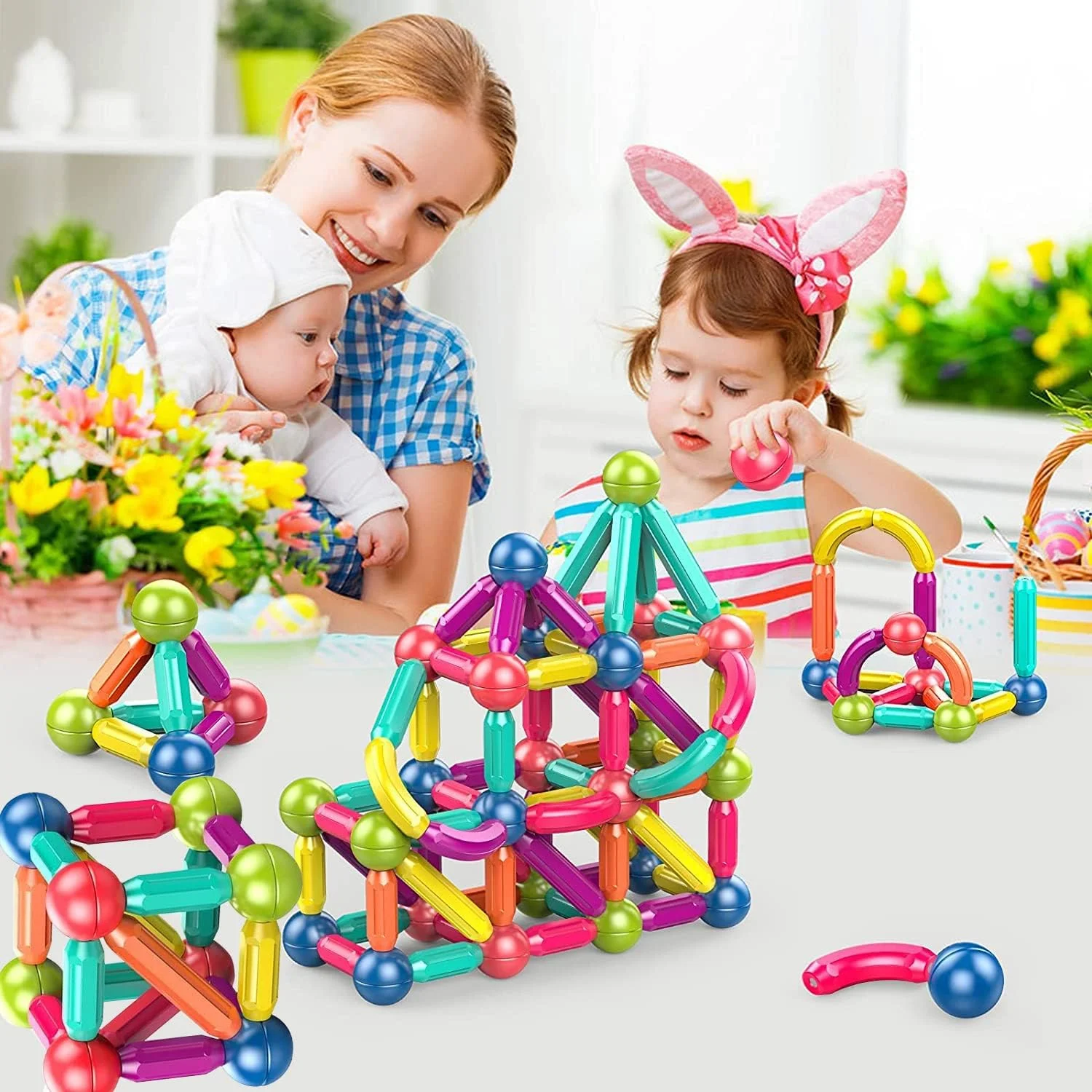 مجموعه اسباب بازی بلوک های ساختنی مغناطیسی توپی و میله ای AM ANNA، اسباب بازی های پازل ساختنی مغناطیسی سه بعدی، آموزش STEM، اسباب بازی های ساخت و ساز پیش دبستانی برای کودکان نوپا، هدایای اسباب بازی مونته سوری برای کودکان 3+ سال (64 قطعه)