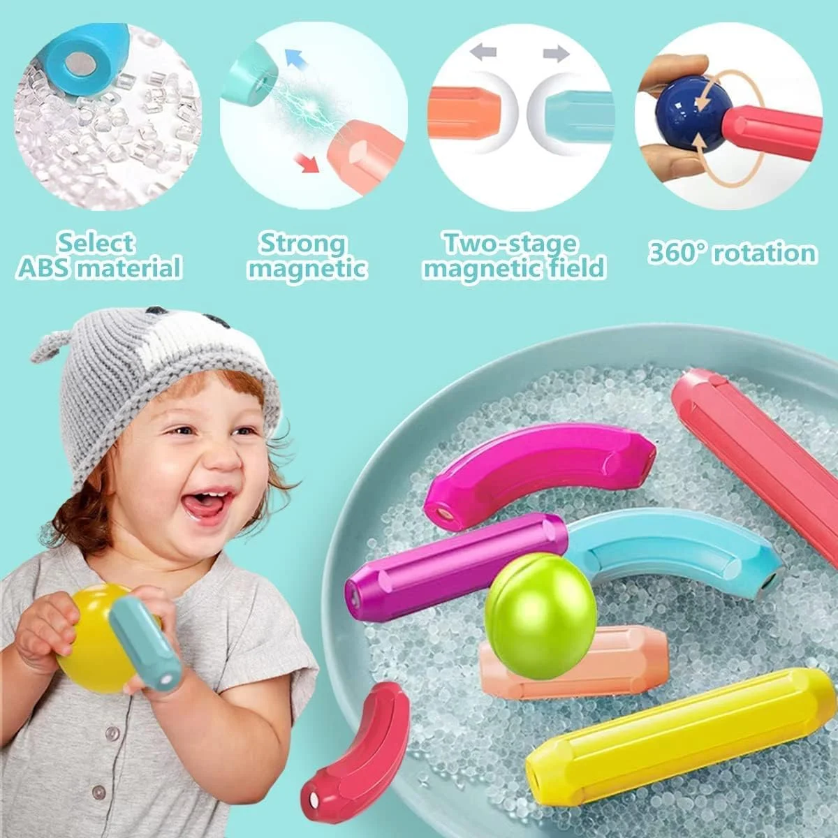 مجموعه اسباب بازی بلوک های ساختنی مغناطیسی توپی و میله ای AM ANNA، اسباب بازی های پازل ساختنی مغناطیسی سه بعدی، آموزش STEM، اسباب بازی های ساخت و ساز پیش دبستانی برای کودکان نوپا، هدایای اسباب بازی مونته سوری برای کودکان 3+ سال (64 قطعه)