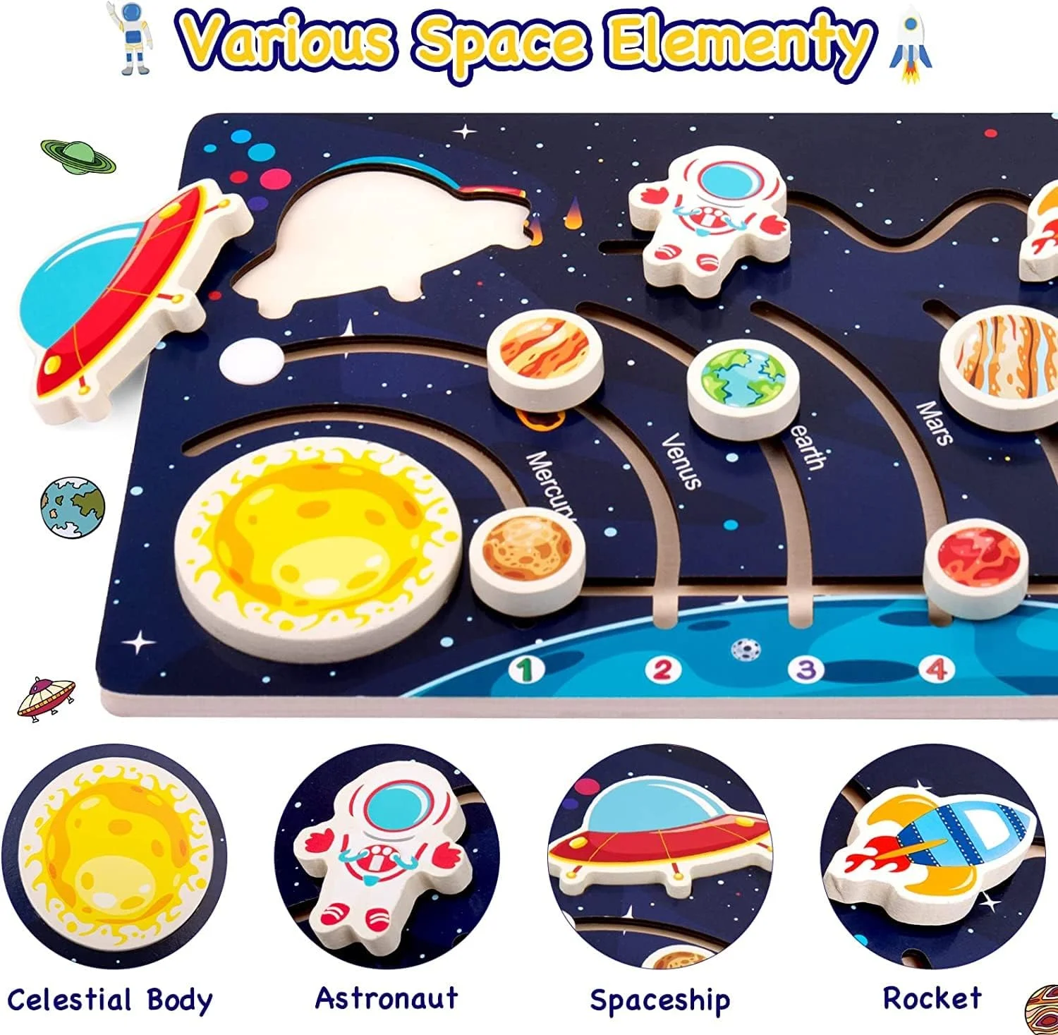 پازل منظومه شمسی چوبی AM ANNA برای کودکان، اسباب بازی های سیاره ای فضای بیرونی برای کودکان نوپا، فعالیت های یادگیری پیش دبستانی، اسباب بازی های آموزشی مونته سوری، هدایای صفحه شلوغ فضایی برای پسران و دختران