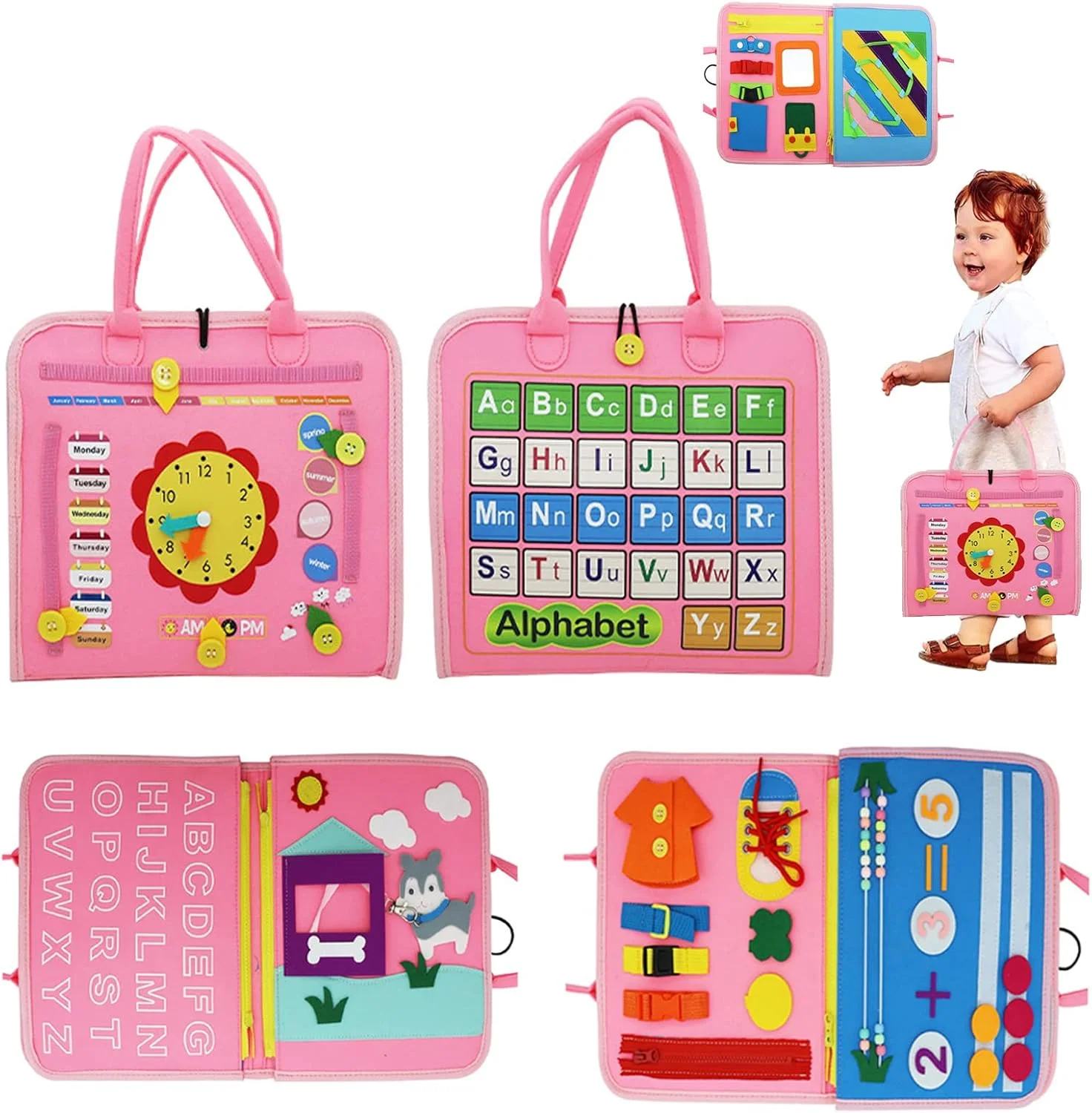 برد مشغولیت AM ANNA برای کودکان نوپا 1-3 ساله، اسباب بازی های حسی مونته سوری، برد فعالیت های رشدی پیش دبستانی، اسباب بازی های آموزشی عملی، هدیه برای پسران و دختران 1-6 ساله (صورتی ارتقا یافته)