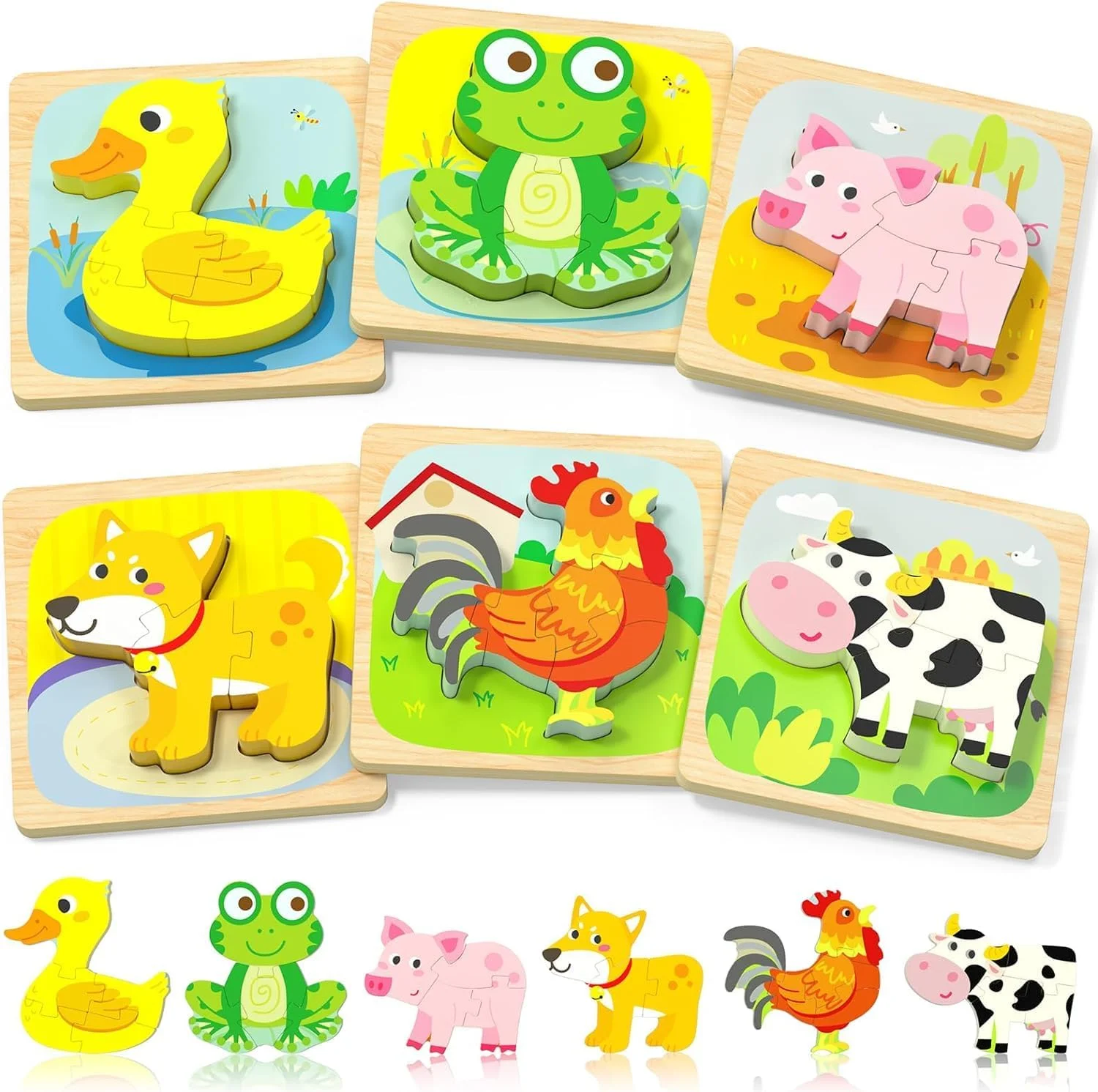 پازل های چوبی حیوانات AM ANNA، اسباب بازی های آموزشی مونته سوری برای کودکان 1، 2، 3 و 4 ساله، 6 بسته پازل حیوانات، هدیه تولد و کریسمس