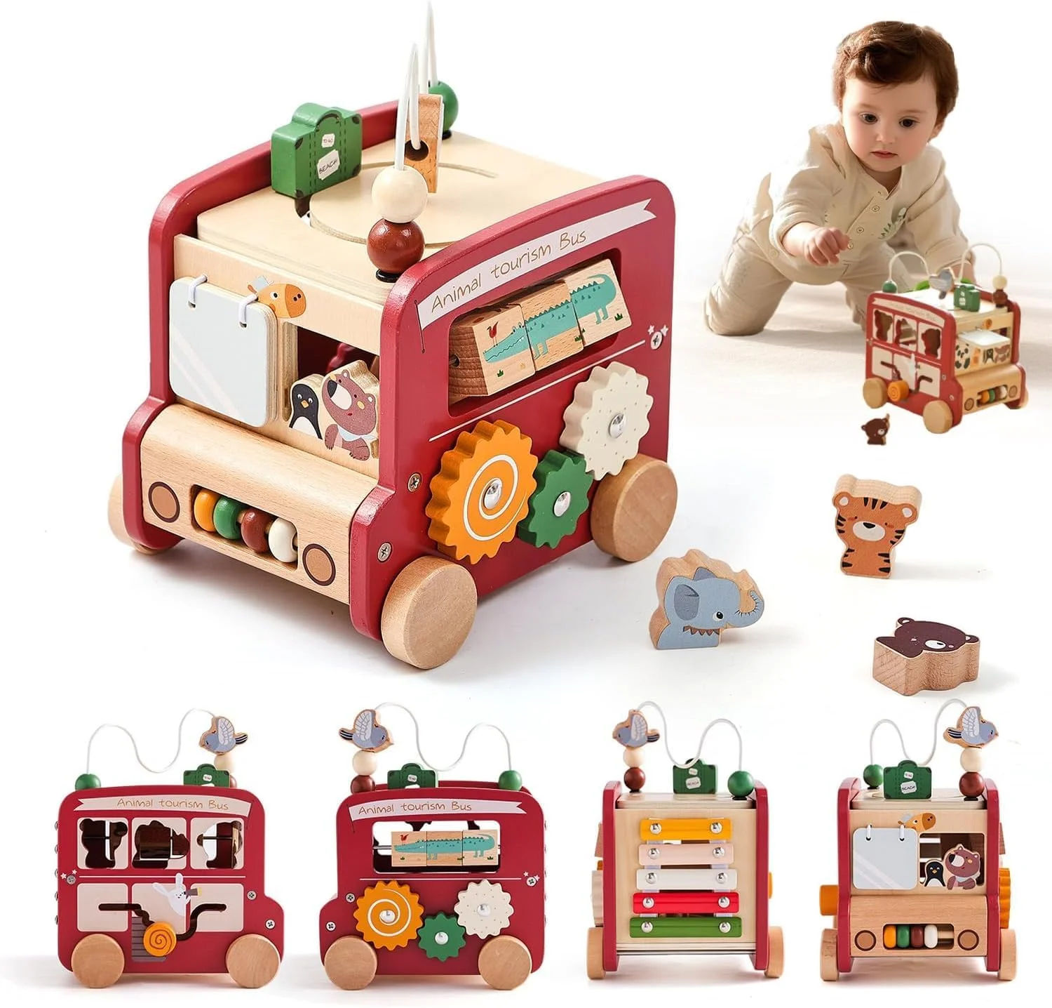 مکعب فعالیت چوبی AM ANNA، اسباب بازی آموزشی چند منظوره 8 در 1 مونته سوری، مکعب فعالیت برای مرتب سازی اشکال، اتوبوس حیوانات، هدیه تولد پسرانه دخترانه