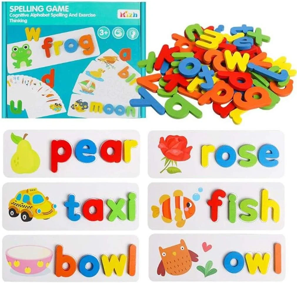 اسباب بازی آموزشی چوبی AM ANNA برای یادگیری املا، مناسب برای توسعه واژگان و مهارت های املایی، شامل 28 کارت شناختی دو طرفه و 52 حرف