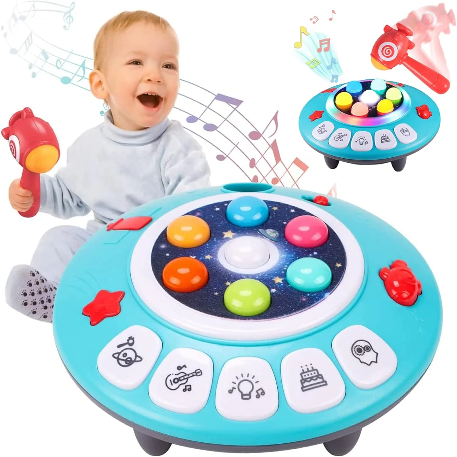 اسباب بازی کوبه ای 8 در 1 AM ANNA، اسباب بازی مناسب کودکان 3-4 ساله، اسباب بازی کوبه ای تعاملی موزیکال با نور، بازی آموزشی فضایی با چکش برای کودکان 3، 4 و 5 ساله، هدیه تولد سرگرم کننده برای پسران و دختران