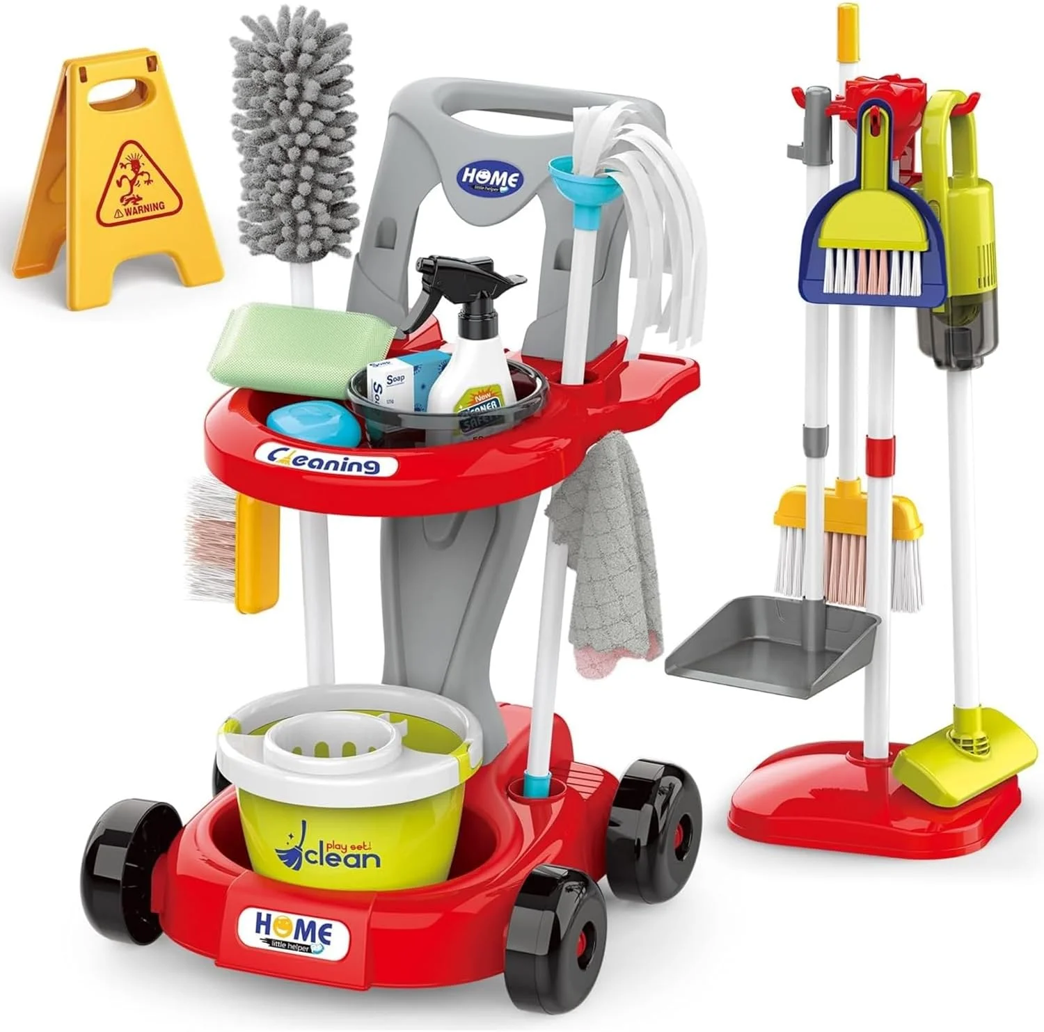 مجموعه نظافت کودک AM ANNA، مجموعه اسباب بازی نظافت 29 تکه، مجموعه نظافت جداشدنی برای کودکان نوپا، بازی وانمودی نقش آفرینی آموزشی، هدیه تولد کریسمس برای دختران و پسران (قرمز)