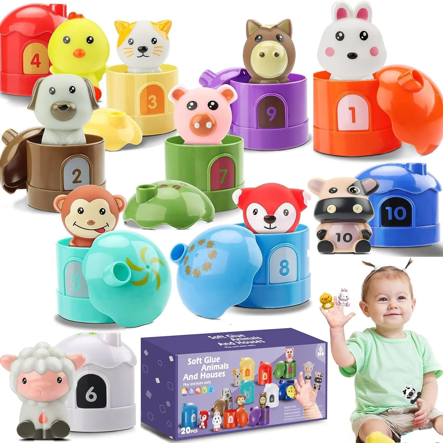 اسباب بازی کودک نوپا AM ANNA مناسب برای کودکان 1، 2 و 3+ ساله، 20 قطعه اسباب بازی مرتب سازی و چیدن برای نوزاد، بازی های مونته سوری شمارش، تطبیق رنگ و مرتب سازی حرکات ظریف، هدیه تولد برای نوزادان پسر و دختر 12-18 ماهه