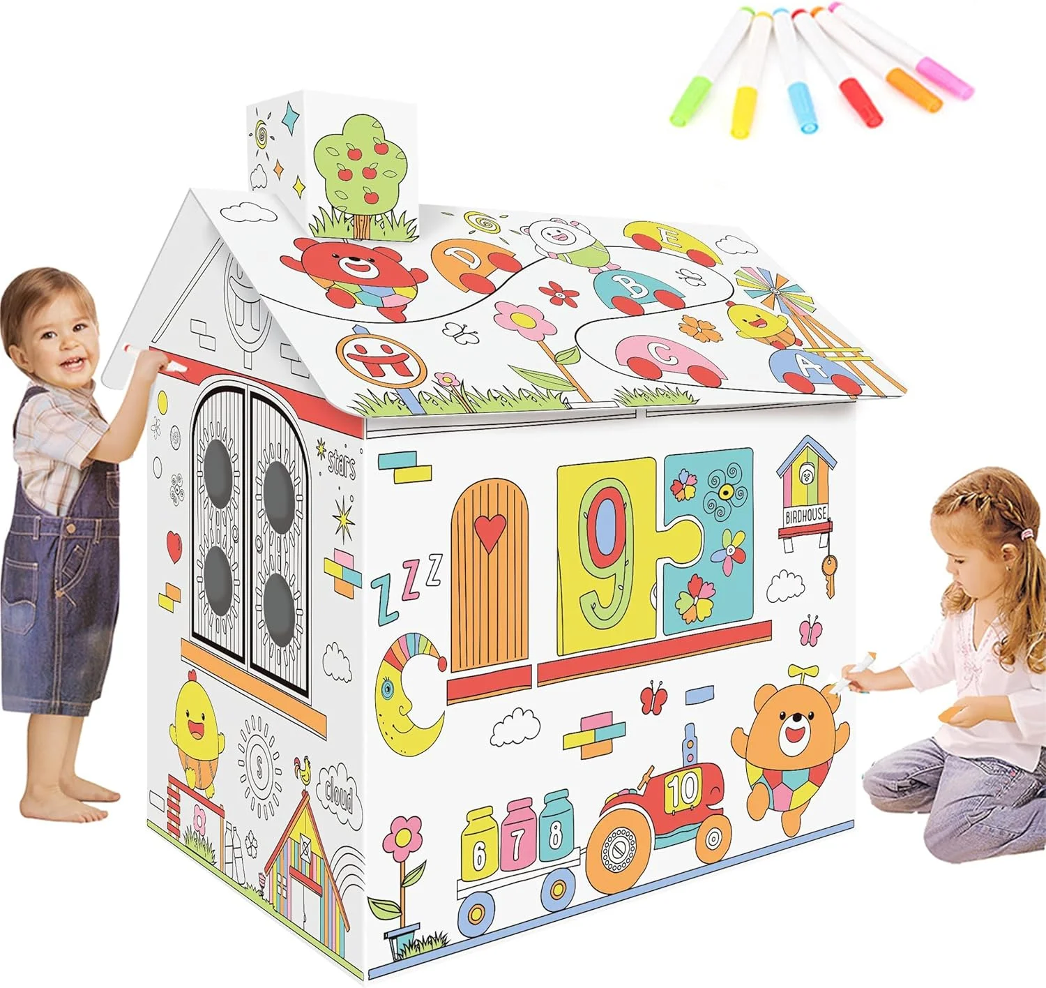 خانه بازی مقوایی بزرگ AM ANNA، اسباب بازی رنگ آمیزی و نقاشی خلاقانه برای کودکان، ارتفاع 67 سانتی متر، پروژه مونتاژ و رنگ آمیزی اسباب بازی های آموزشی برای کودکان 2 تا 8 سال، هدیه کودک