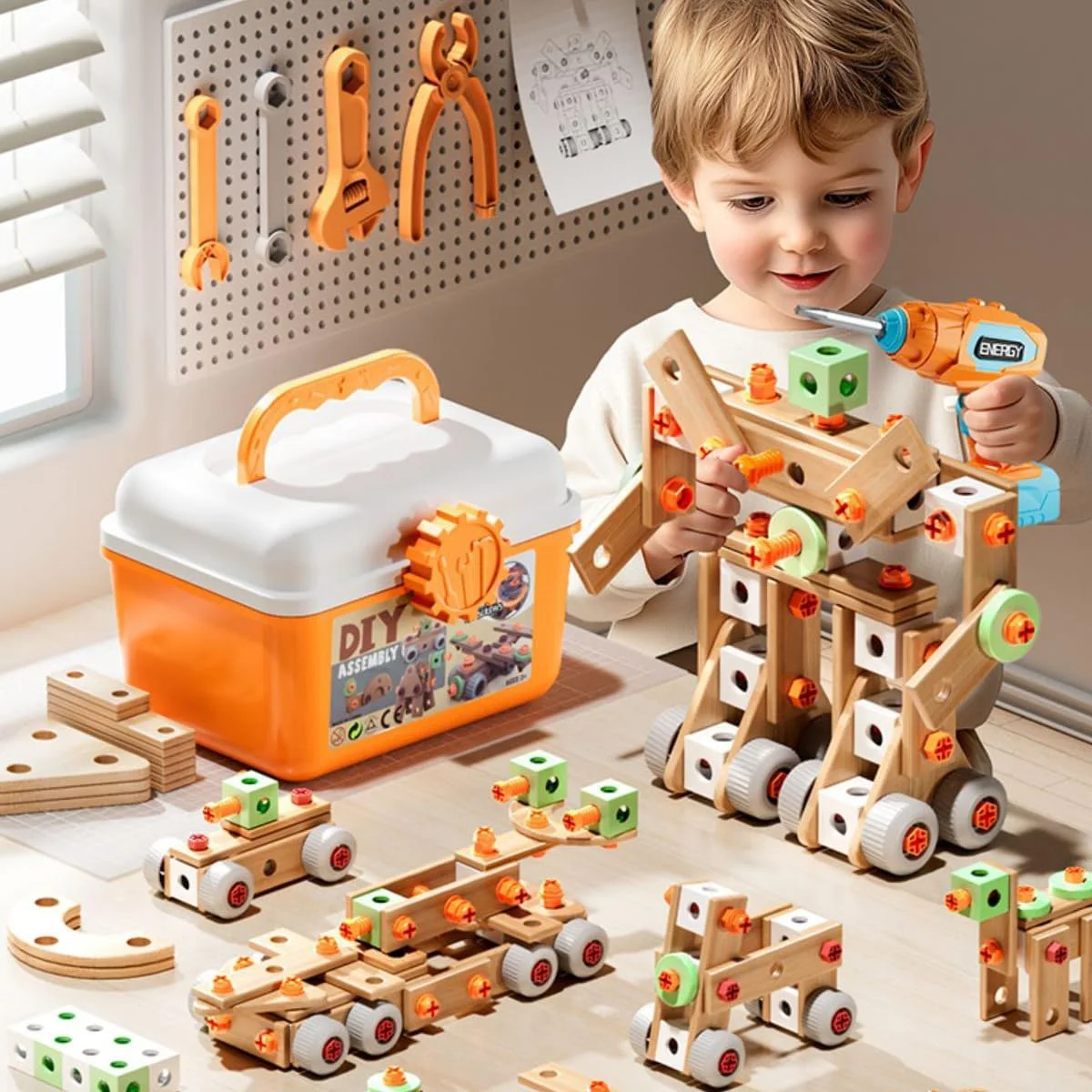 جعبه ابزار اسباب بازی AM ANNA برای کودکان، جعبه ابزار چوبی با 124 قطعه، اسباب بازی های مونته سوری، اسباب بازی های ساختنی آموزشی STEM برای سنین 3، 4 و 5 سال، هدیه ابزار برای بازی خیالی پسرانه و دخترانه