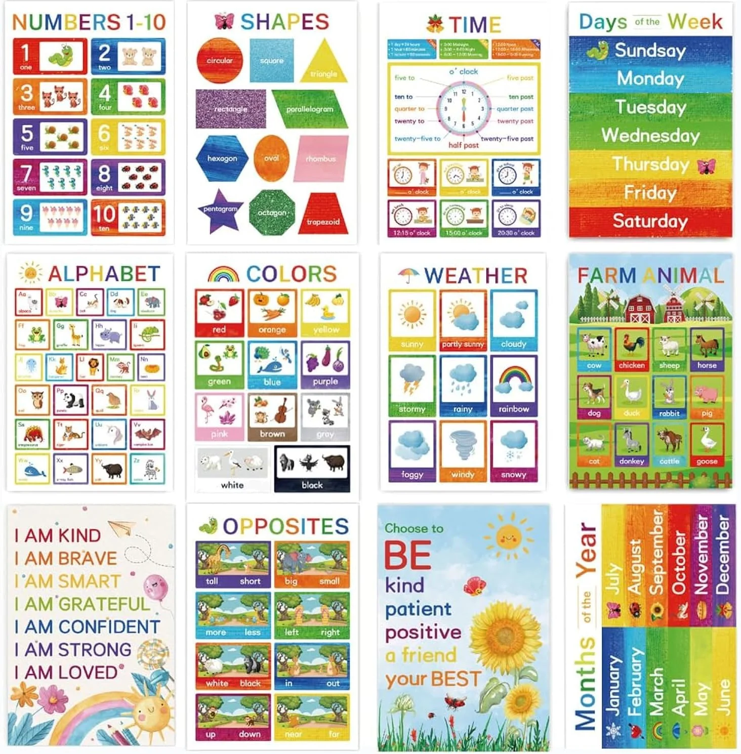 پوسترهای آموزشی پیش دبستانی AM ANNA، مجموعه 12 پوستر نمودارهای یادگیری برای کودکان نوپا، پوسترهای کلاس درس، اعداد، اشکال، رنگ ها، حیوانات، ماه های سال و موارد دیگر