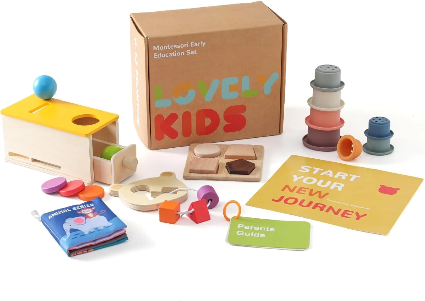 مجموعه اسباب بازی های مونته سوری AM ANNA مناسب برای 6 تا 12 ماه، 6 در 1 اسباب بازی های آموزشی یادگیری چوبی حسی کودک هدیه با جعبه سکه، فنجان های چیدنی، پازل های اشکال، کتاب نرم