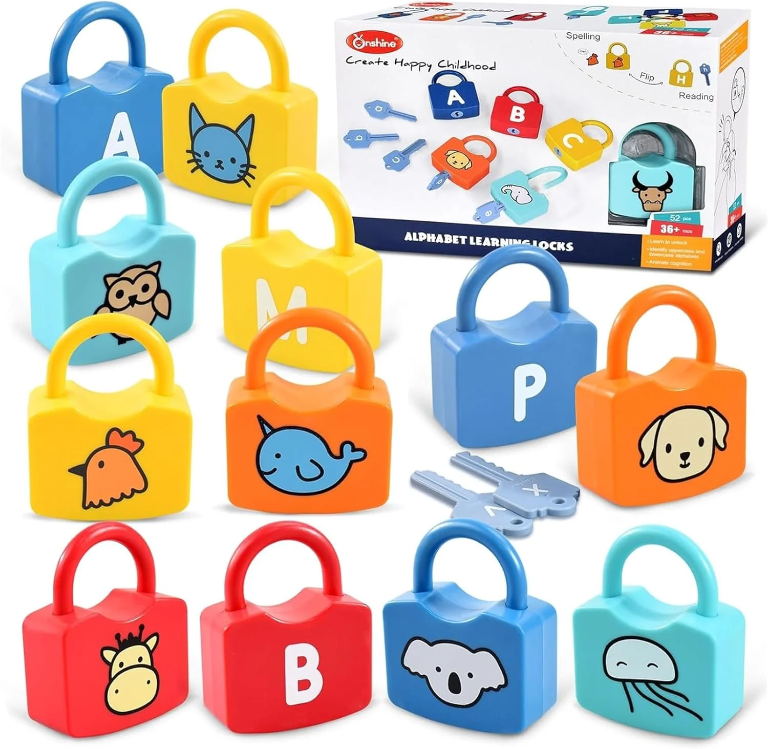 اسباب بازی های آموزشی مونته سوری AM ANNA برای کودکان 3 ساله، بازی ها و فعالیت های پیش دبستانی برای کودکان نوپا، 26 عدد قفل و کلید الفبا، ابزارهای ریاضی برای پیش دبستانی و مهد کودک (الفبا)