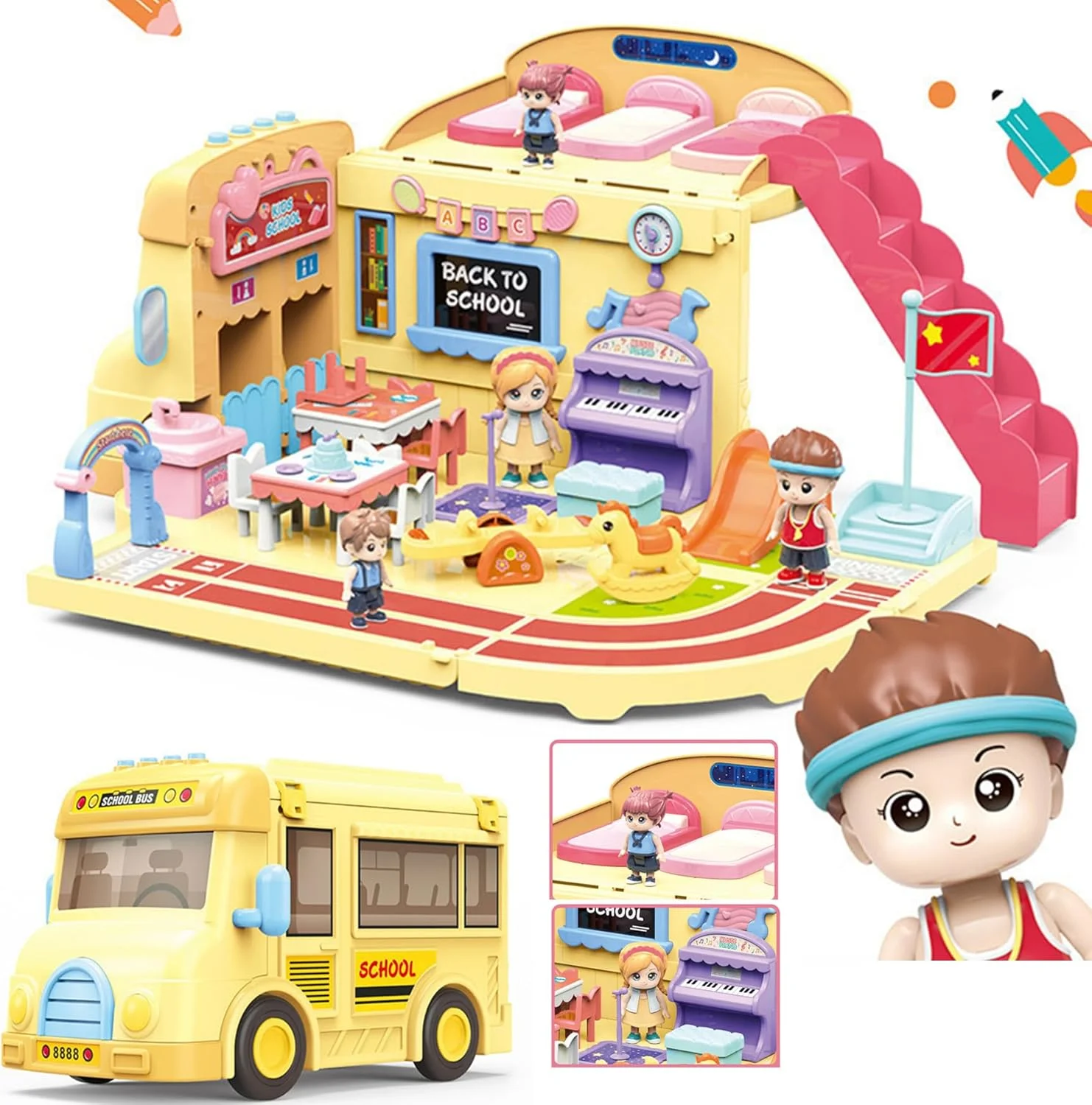 اتوبوس مدرسه اسباب بازی AM ANNA با نور صدا برای کودکان، اتوبوس های کششی فرمان شبیه سازی، اسباب بازی های اتوبوس مدرسه کودکان نوپا با اسباب بازی های موسیقی آموزشی پیش دبستانی، هدیه برای کودکان نوپا (اتوبوس مدرسه)