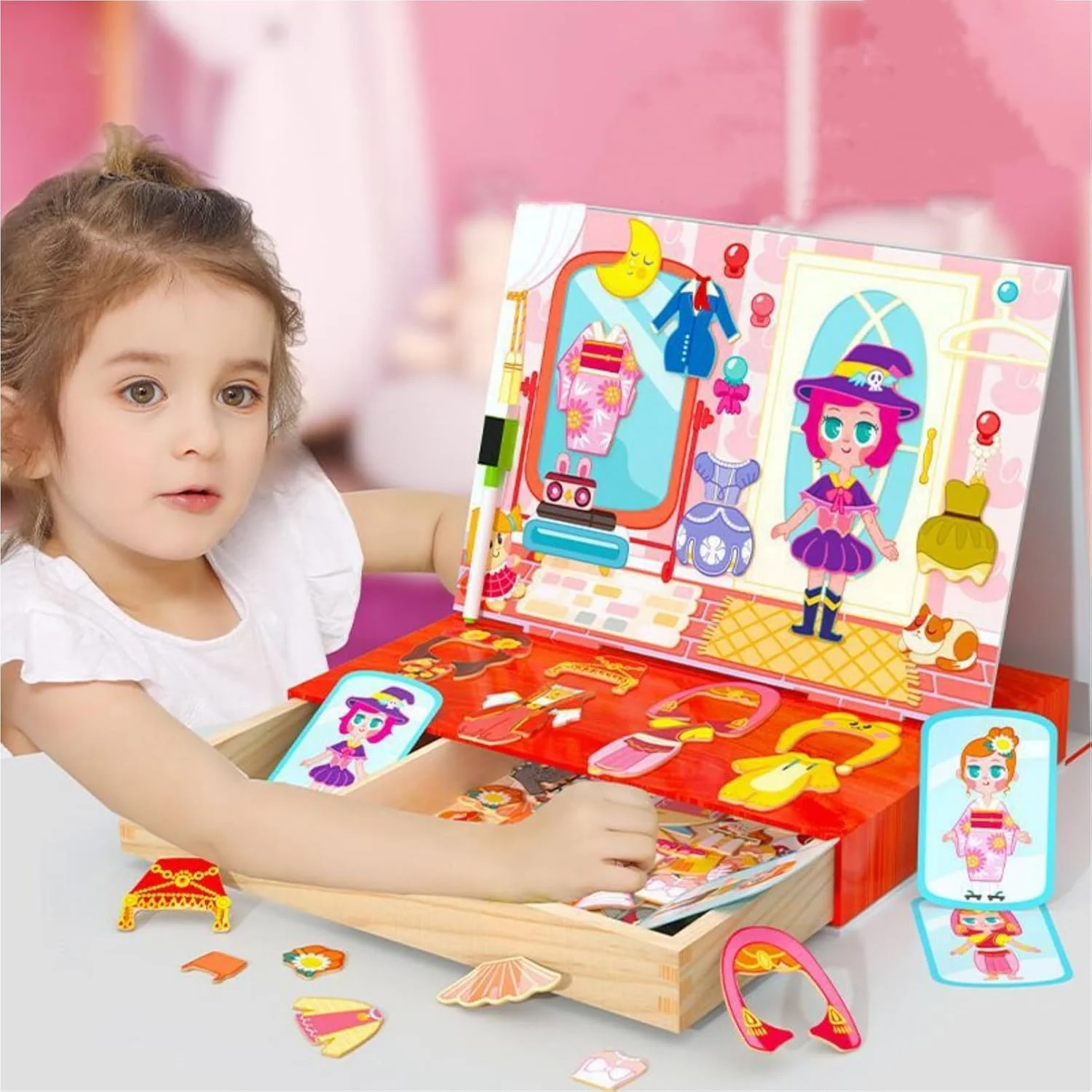 اسباب بازی های تعویض لباس مغناطیسی AM ANNA برای دختران کوچک، جعبه اسباب بازی چوبی تعویض لباس مسافرتی، بازی تطبیق آهنرباهای تخیلی عروسک های کاغذی مغناطیسی شاهزاده خانم برای دختران 4-7 ساله