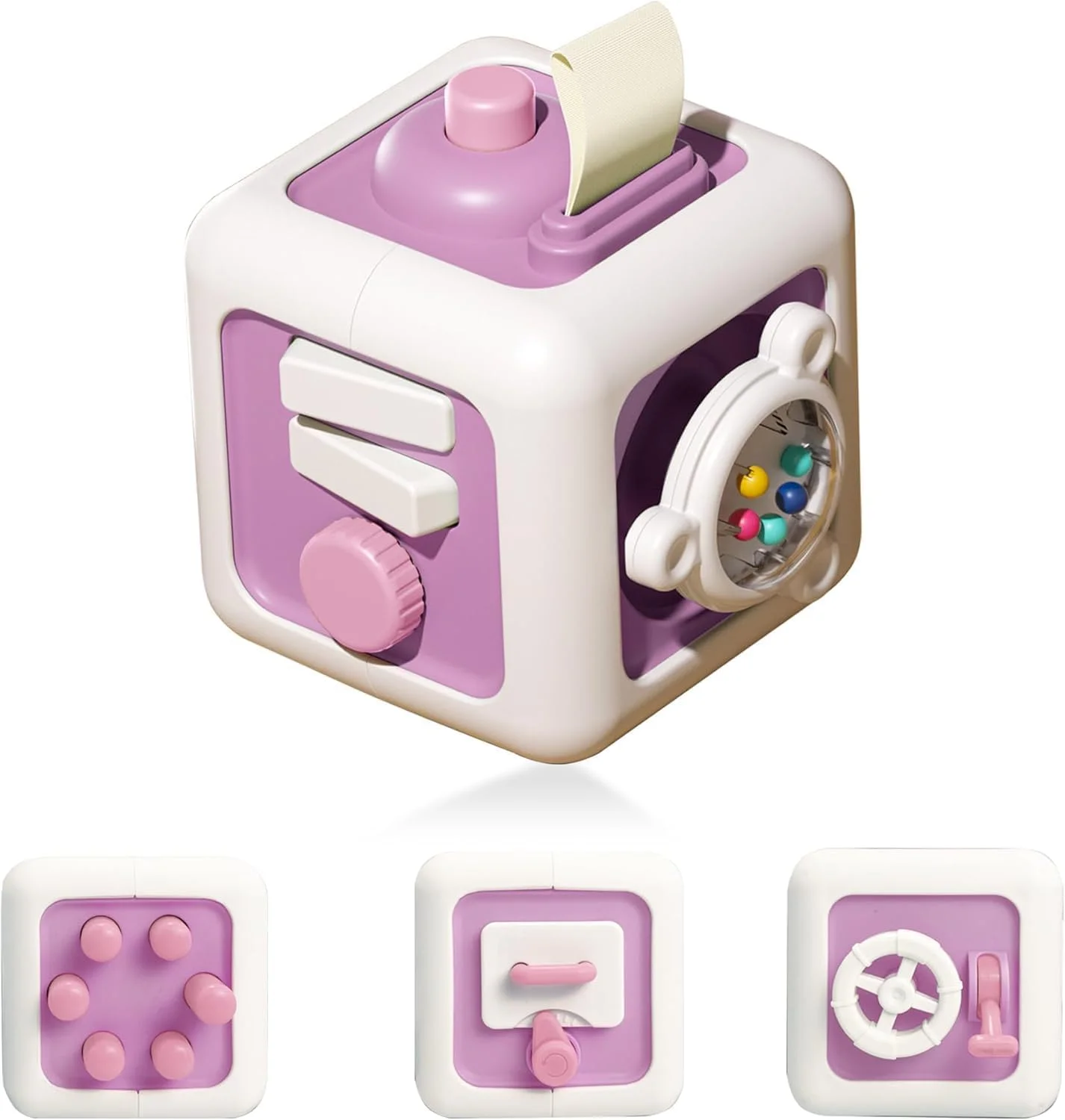 مکعب اسباب بازی آموزشی کودک AM ANNA مناسب برای کودکان 1 ساله، اسباب بازی حسی مونته سوری برای کودکان 1 تا 3 سال، تقویت مهارت های حرکتی و یادگیری، اسباب بازی مسافرتی صندلی ماشین نوزاد، هدیه تولد برای دختر و پسر 12 ماهه به بالا (بنفش)