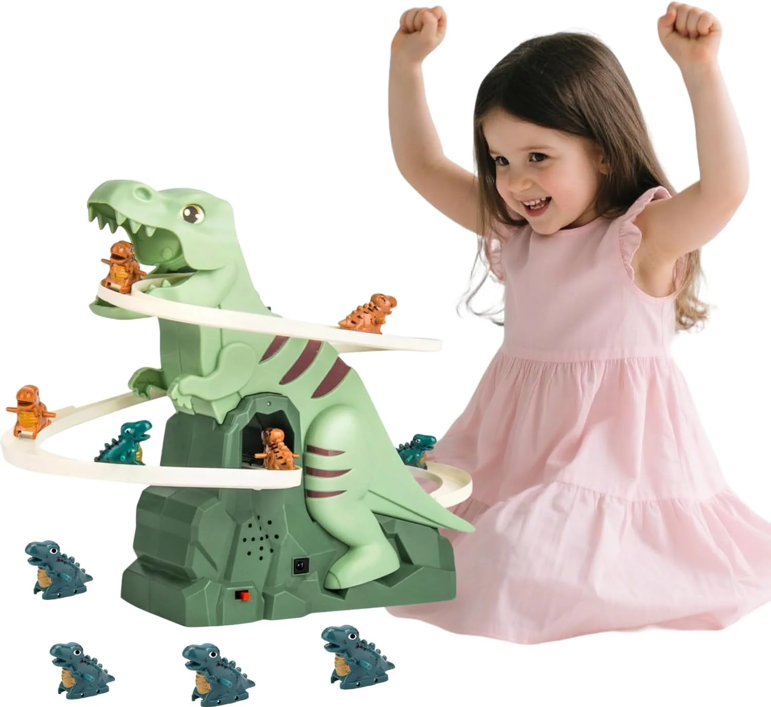 پیست مسابقه دایناسورها مدل AM ANNA، مجموعه بازی تعقیب دایناسورها، اسباب بازی پله نوردی برقی دایناسورها با نور و موسیقی، اسباب بازی های آموزشی برای کودکان پسر و دختر 3 سال به بالا