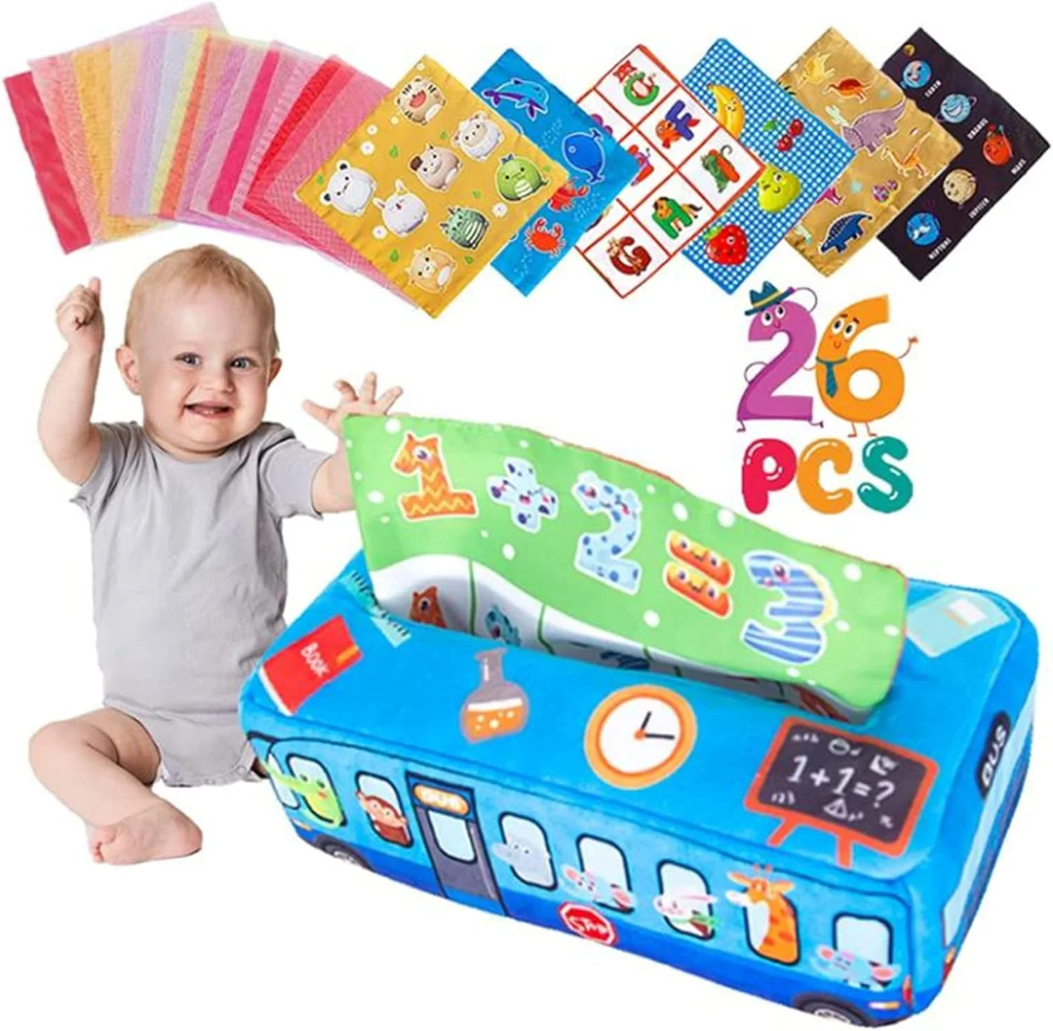 جعبه دستمال کاغذی اسباب بازی کودک، اسباب بازی های مونته سوری 6-12 ماهه پارچه ای نرم، جعبه دستمال کاغذی جادویی با روسری برای نوزادان، اسباب بازی های حسی دستمال کاغذی برای نوزادان، اسباب بازی های فعالیت و رشد اولیه نوزادان (آبی)