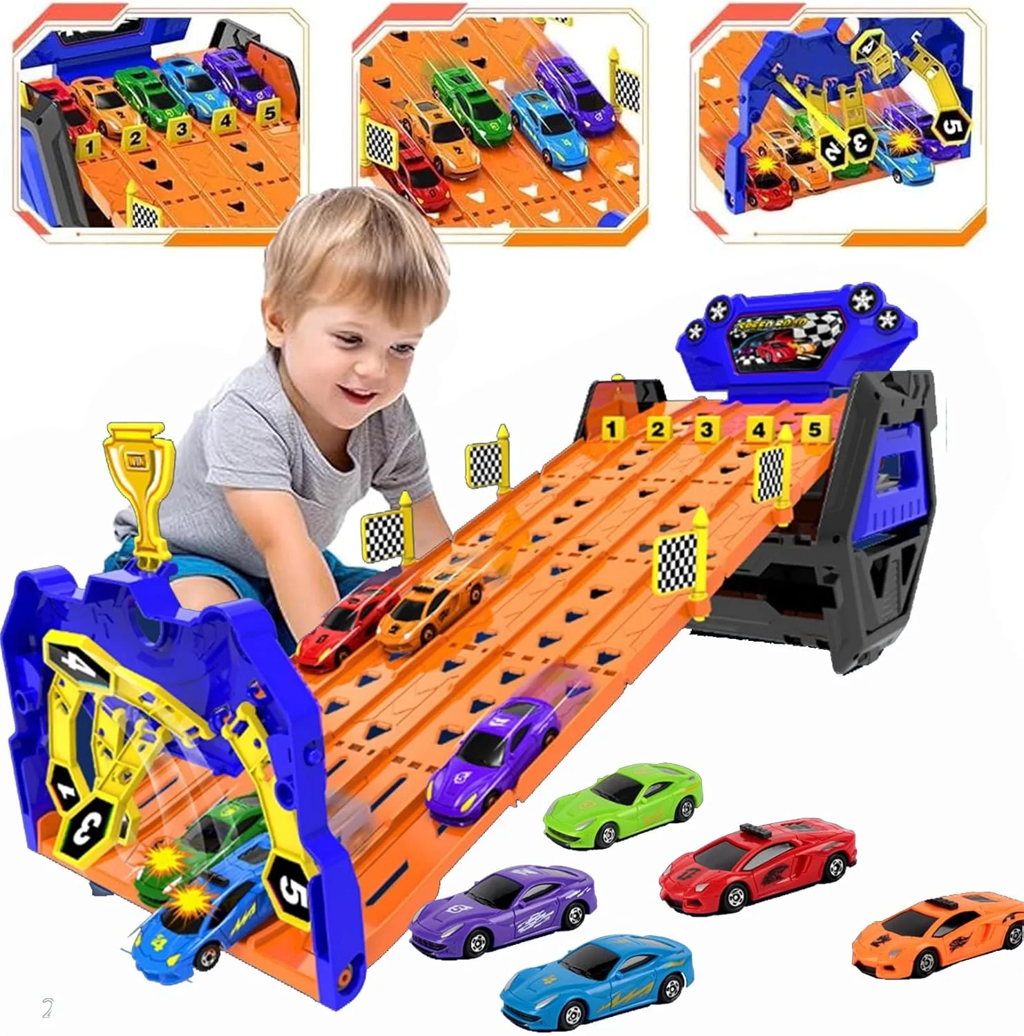 اسباب بازی کامیون پیست مسابقه قابل حمل با 5 ماشین مسابقه و 5 مسیر انتقال، بهترین مجموعه اسباب بازی وسایل نقلیه کامیون برای کودکان