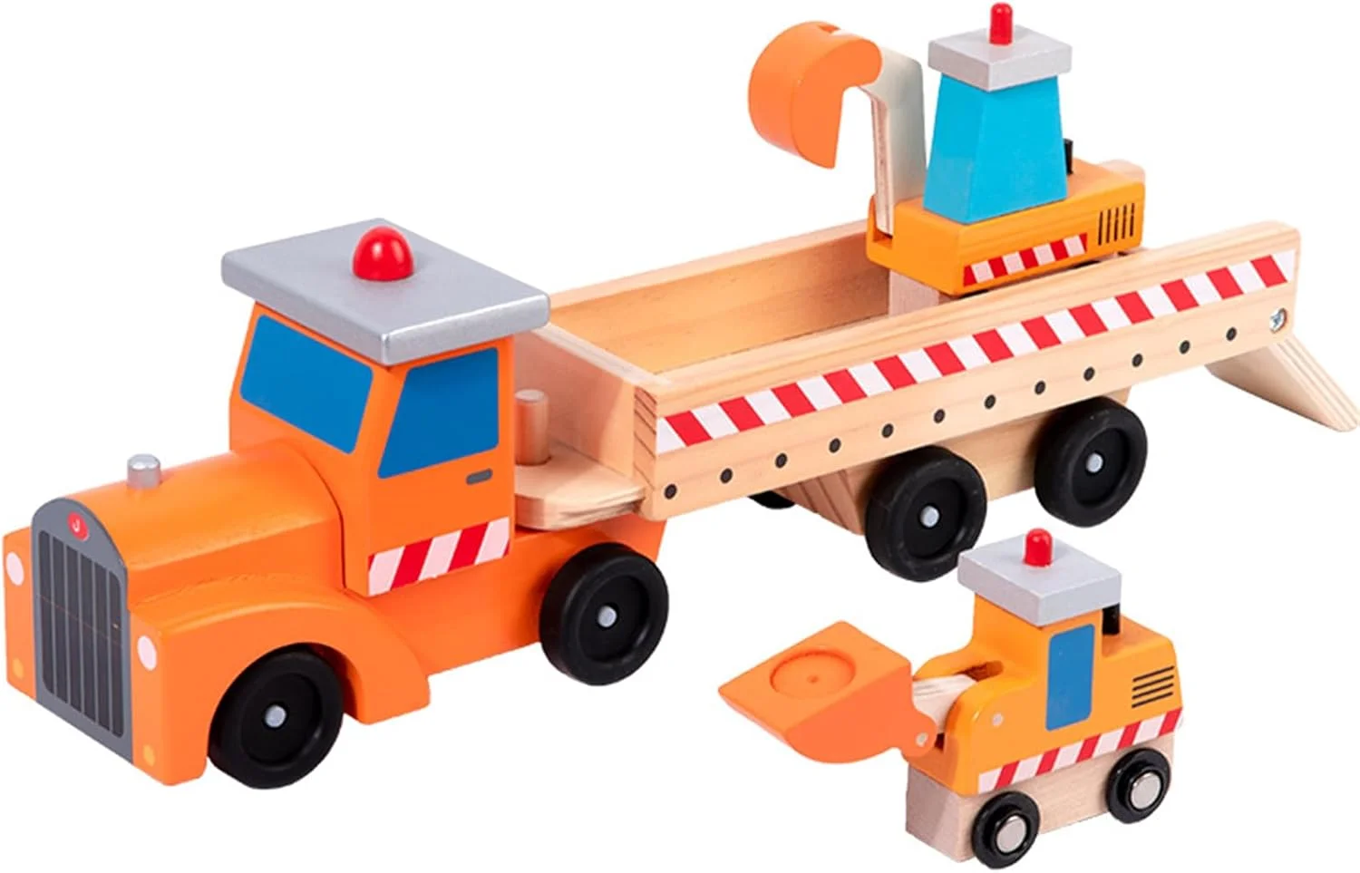 مجموعه ۳ عددی ماشین های ساختمانی چوبی AM ANNA به همراه تریلر، اسباب بازی ماشین برای کودکان ۳ سال به بالا، ست اسباب بازی لودر ماشین به همراه ۲ بیل مکانیکی