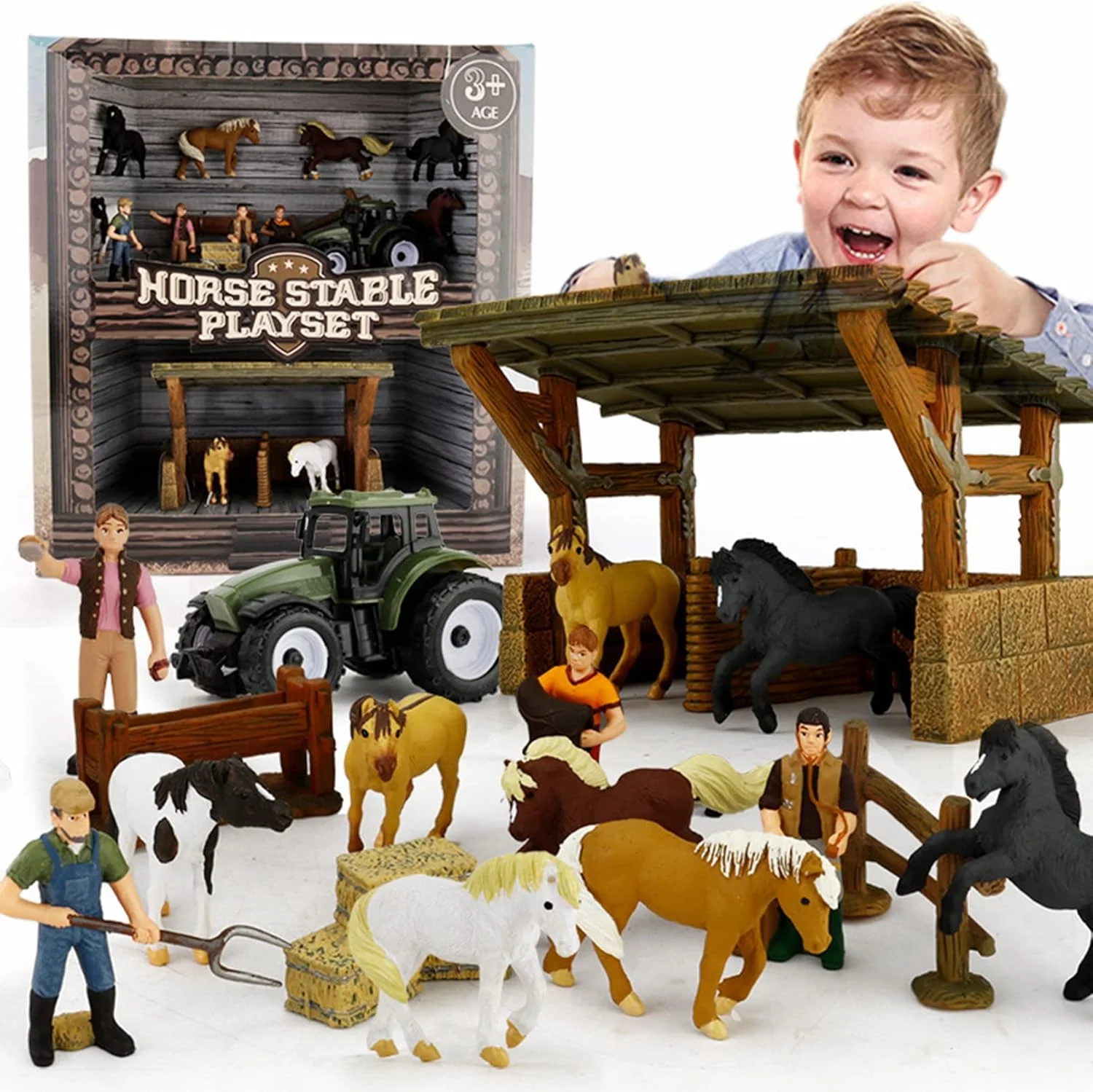 مجموعه اسباب بازی اصطبل اسب AM ANNA مناسب برای پسران و دختران 4 تا 7 سال، مجموعه 17 عددی اسباب بازی کابوی با فیگورهای اسب، تراکتور، حیوانات مزرعه، خانه مزرعه و ماشین کشاورز (مجموعه 17 عددی اصطبل اسب)