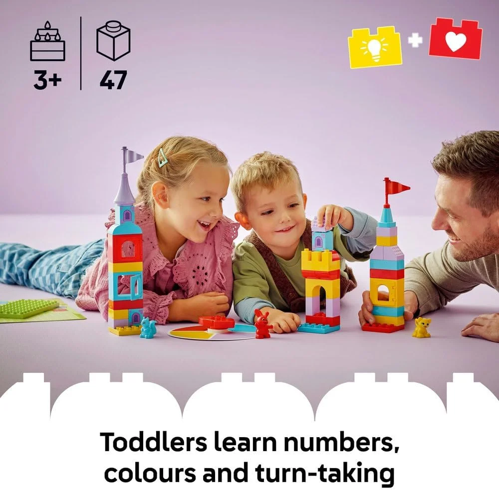 بازی قلعه هاپسی لگو DUPLO - اسباب بازی آموزشی مهارت های حرکتی برای کودکان نوپا - شامل 3 فیگور حیوانات، یک قلعه اسباب بازی و یک بازی تخته ای با یک چرخاننده - هدیه تولد برای دختران و پسران 3+ ساله - 10450
