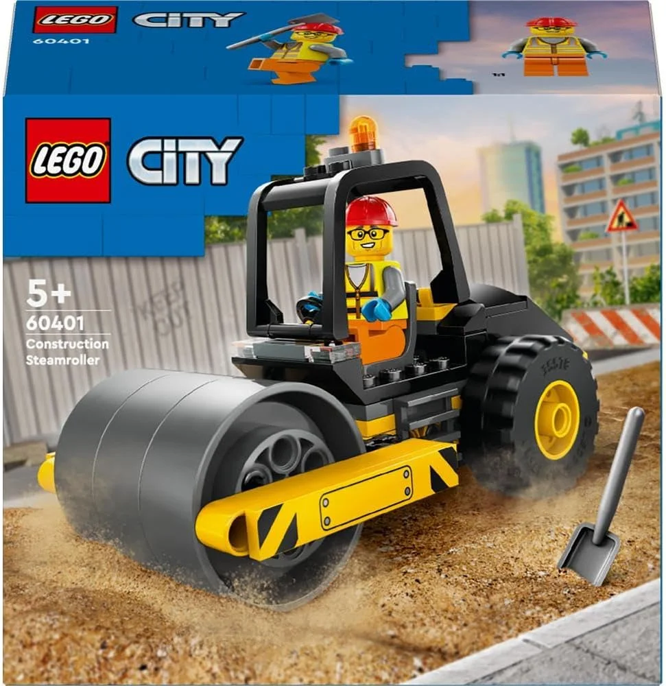 غلتک بخار ساختمانی LEGO City، اسباب بازی نقلیه برای پسران، دختران و کودکان بالای 5 سال، مجموعه ساخت کامیون مدل با یک مینی فیگور کارگر، اسباب بازی های مهندسی، ایده هدیه تولد کوچک 60401