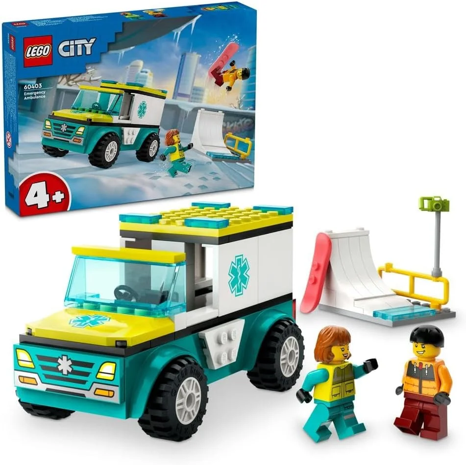 آمبولانس اورژانس و اسباب بازی های وسایل نقلیه اسنوبورد LEGO City برای کودکان 4 سال به بالا، پسران و دختران با مینی فیگورهای اسنوبورد سوار و پیراپزشک، اسباب بازی ساختمانی برای بازی تخیلی، ایده هدیه 60403
